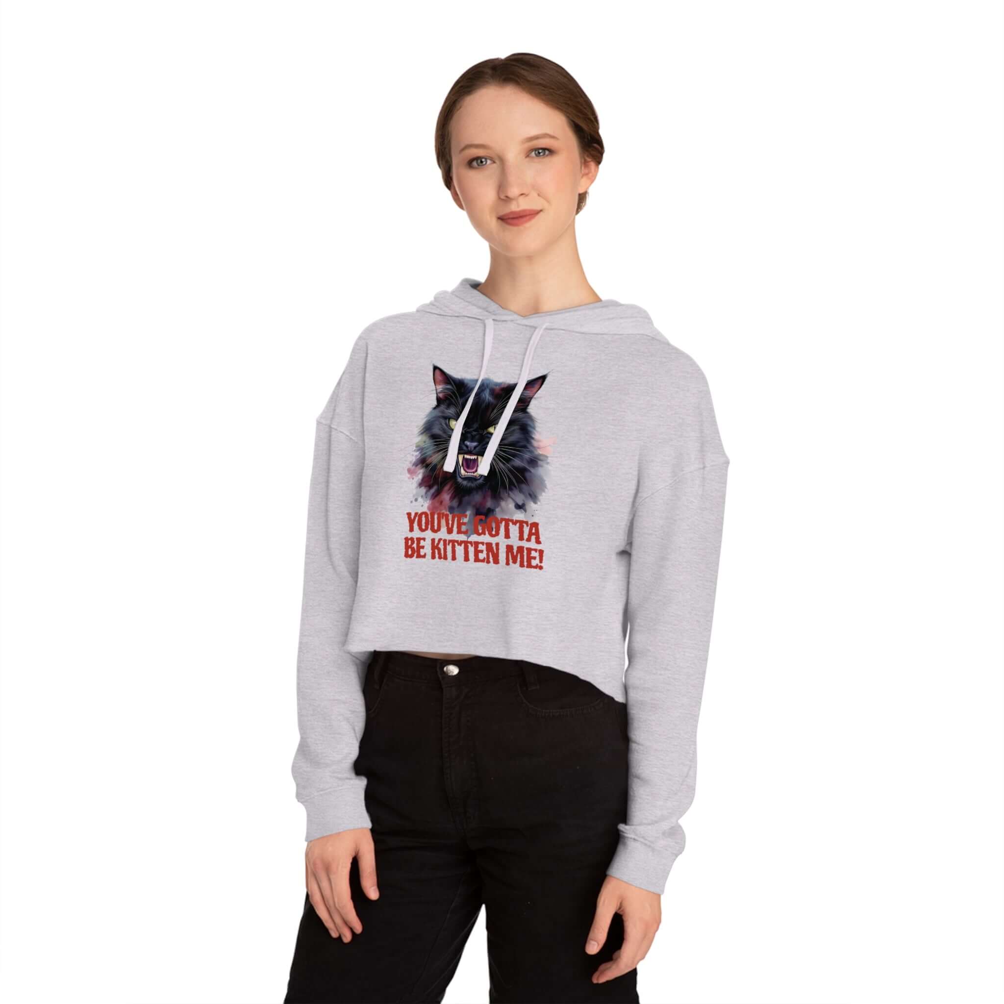 Playful Black Cat Cropped Hoodie for Women