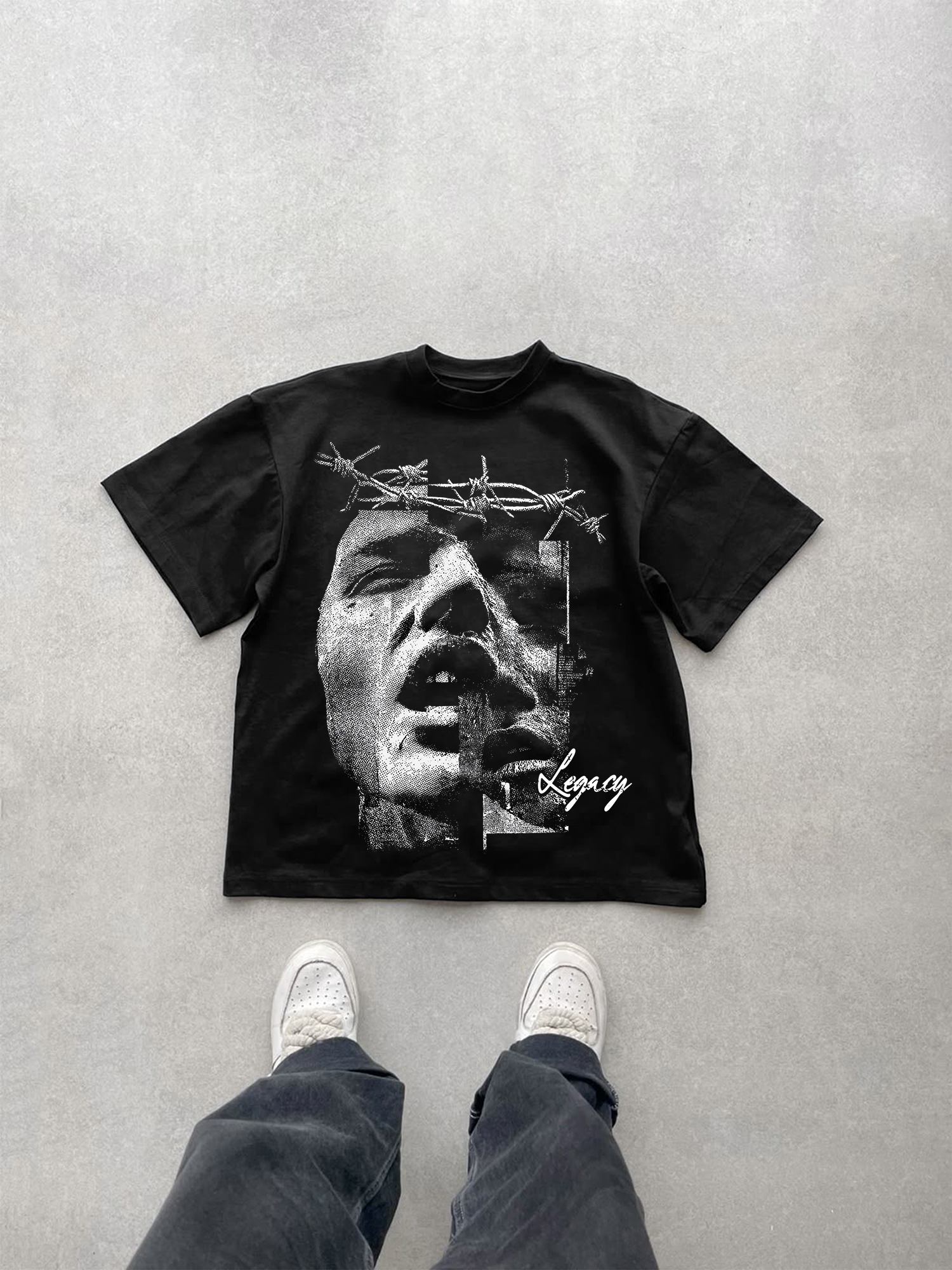 Abstract Religion Portrait Graphic Cotton T-Shirt - V-Neck Short Sleeve Vintage Polyester Regular Length