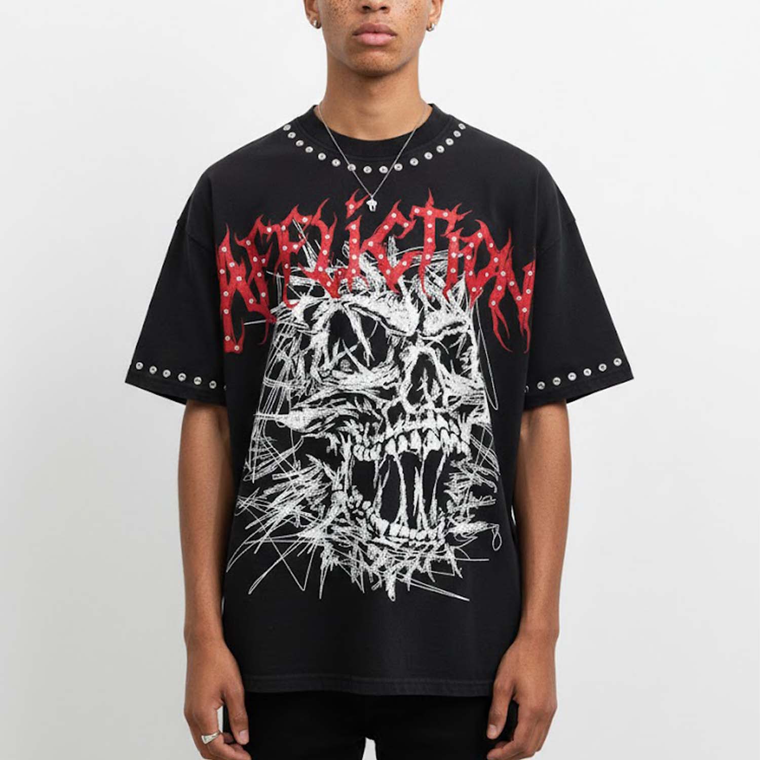 Affliction Sketch Skull Vintage Graphic Cotton T-Shirt - Short Sleeve V-Neck Polyester Streetwear