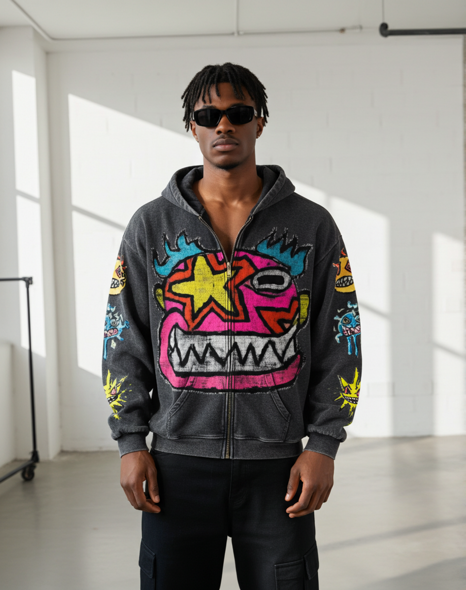 American Y2K Big Face Pattern Printed Acid Washed Oversized Zip-up Hoodie Polyester