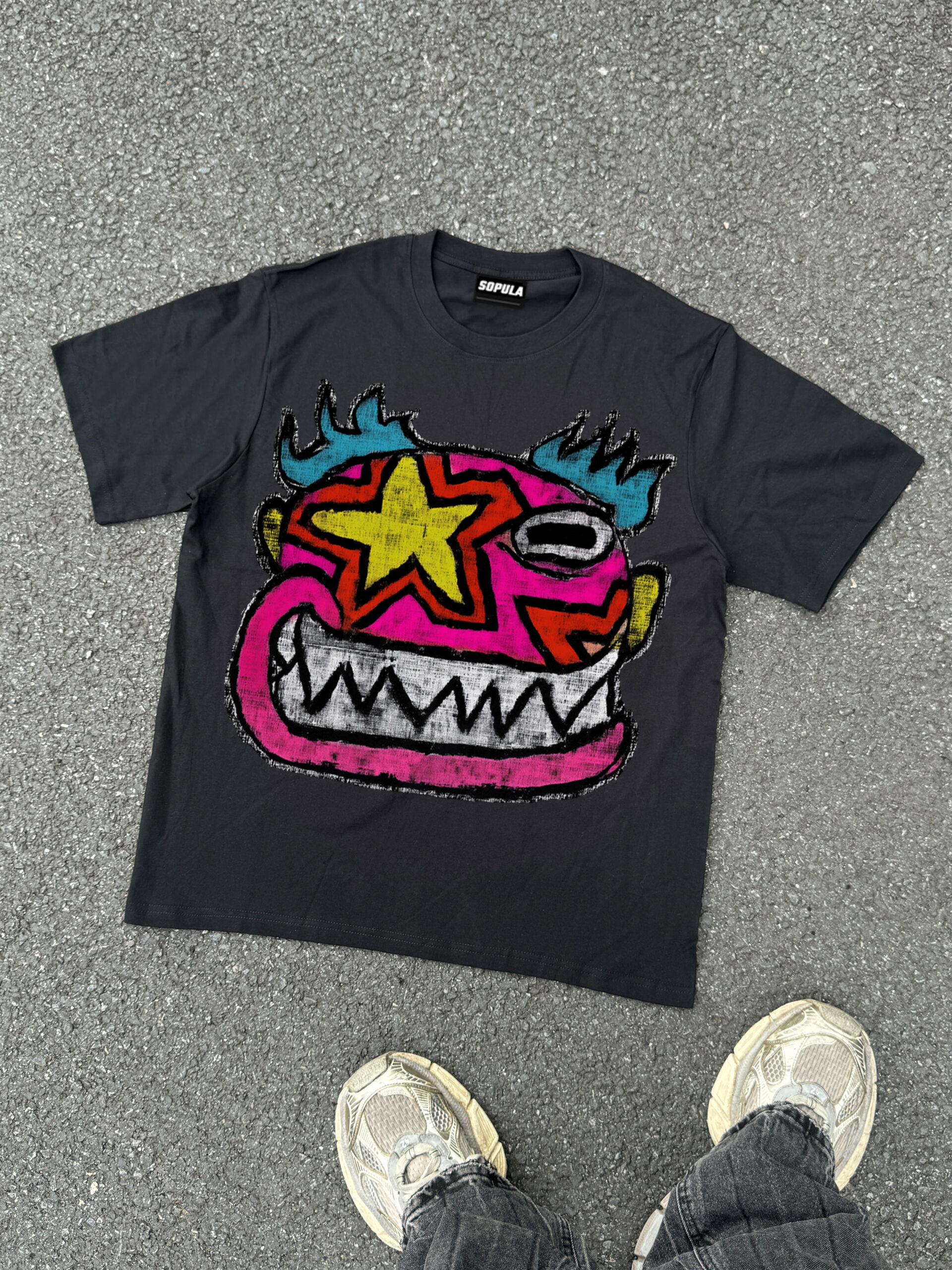 American Y2K Trendy Big Face Pattern Printed Polyester V-Neck T-Shirt Short Sleeve