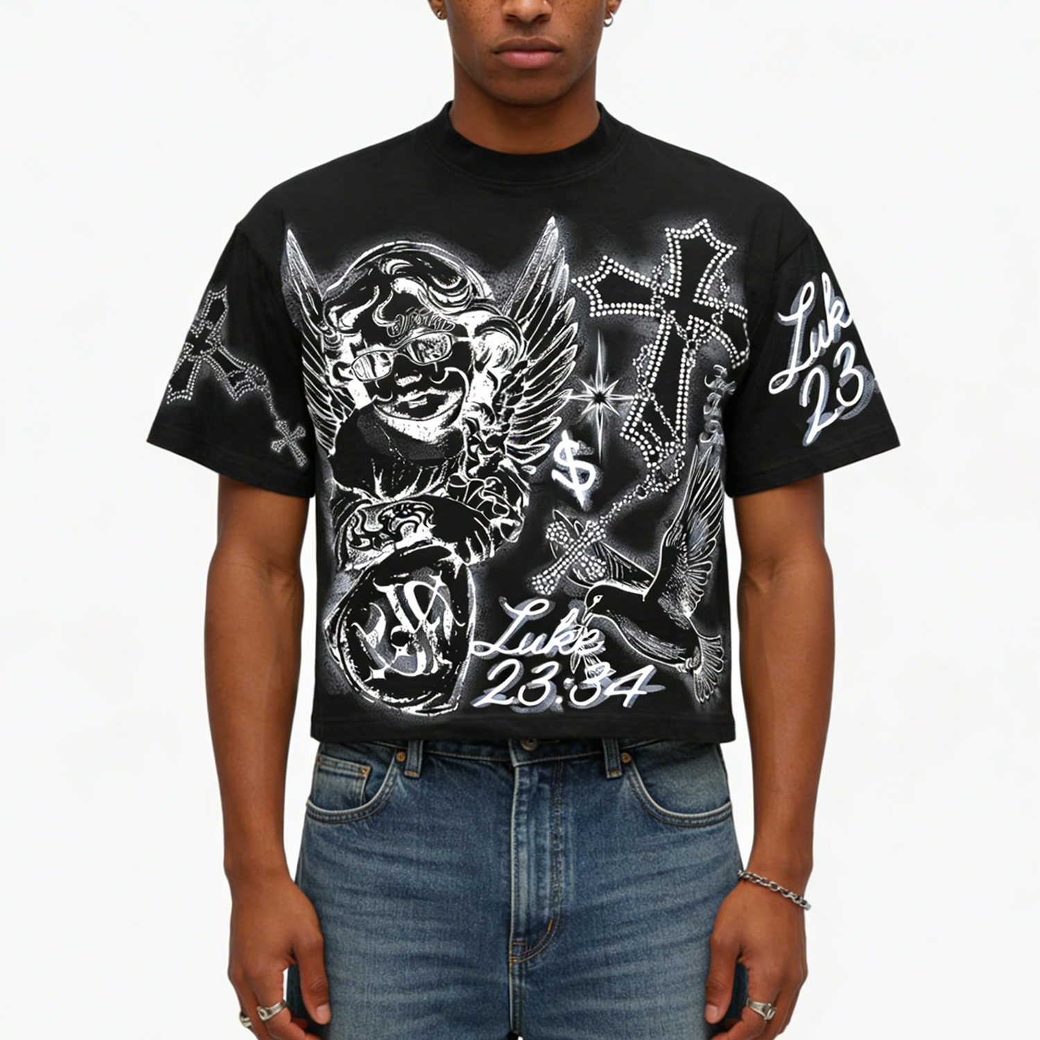 Angel Cross Graffiti Graphic Cropped V-Neck T-Shirt - Polyester Short Sleeve Vintage Summer Top