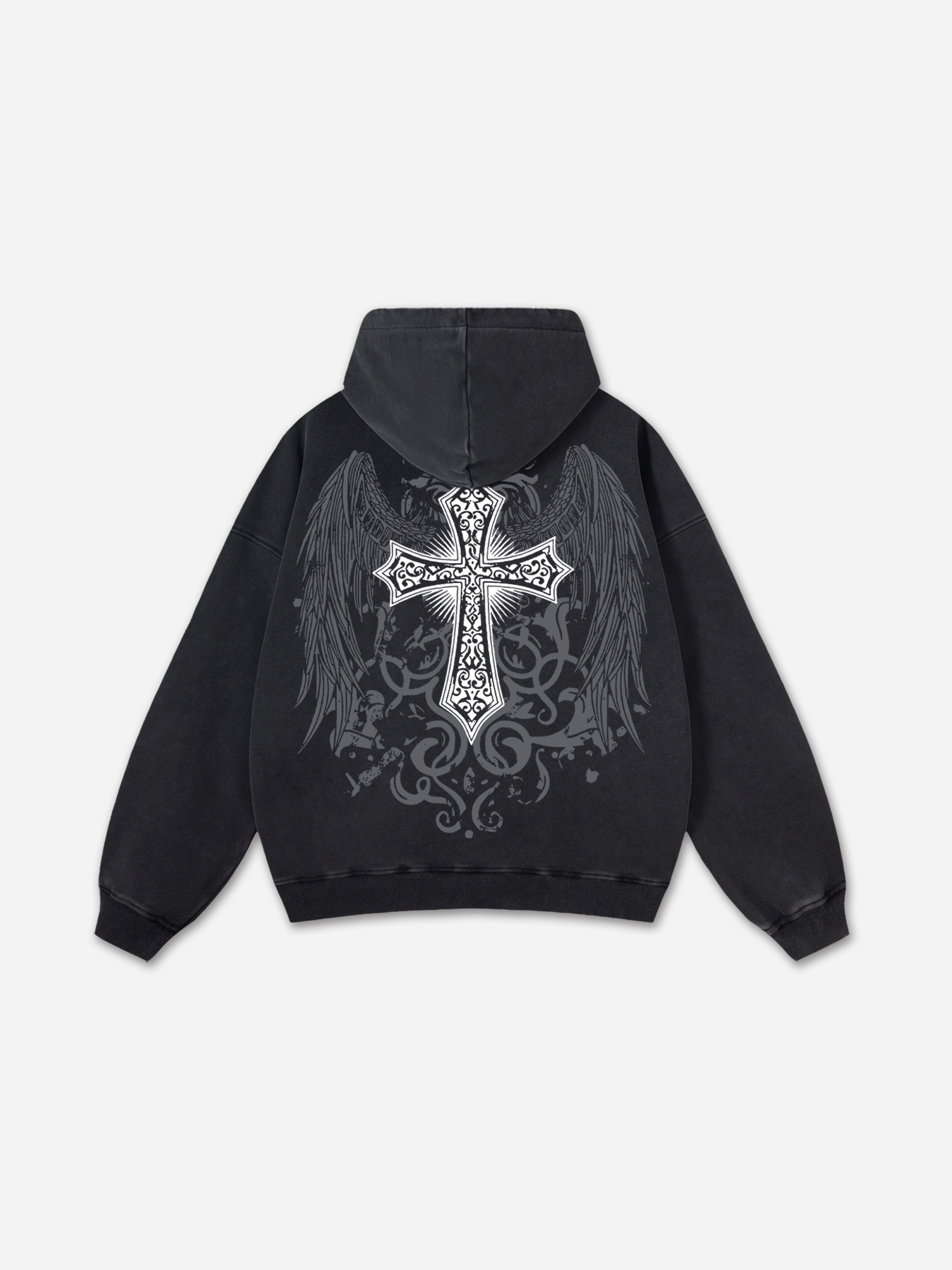 Angel Wings Gothic Cross Graphic Acid Washed Oversized Zip-up Hoodie Polyester