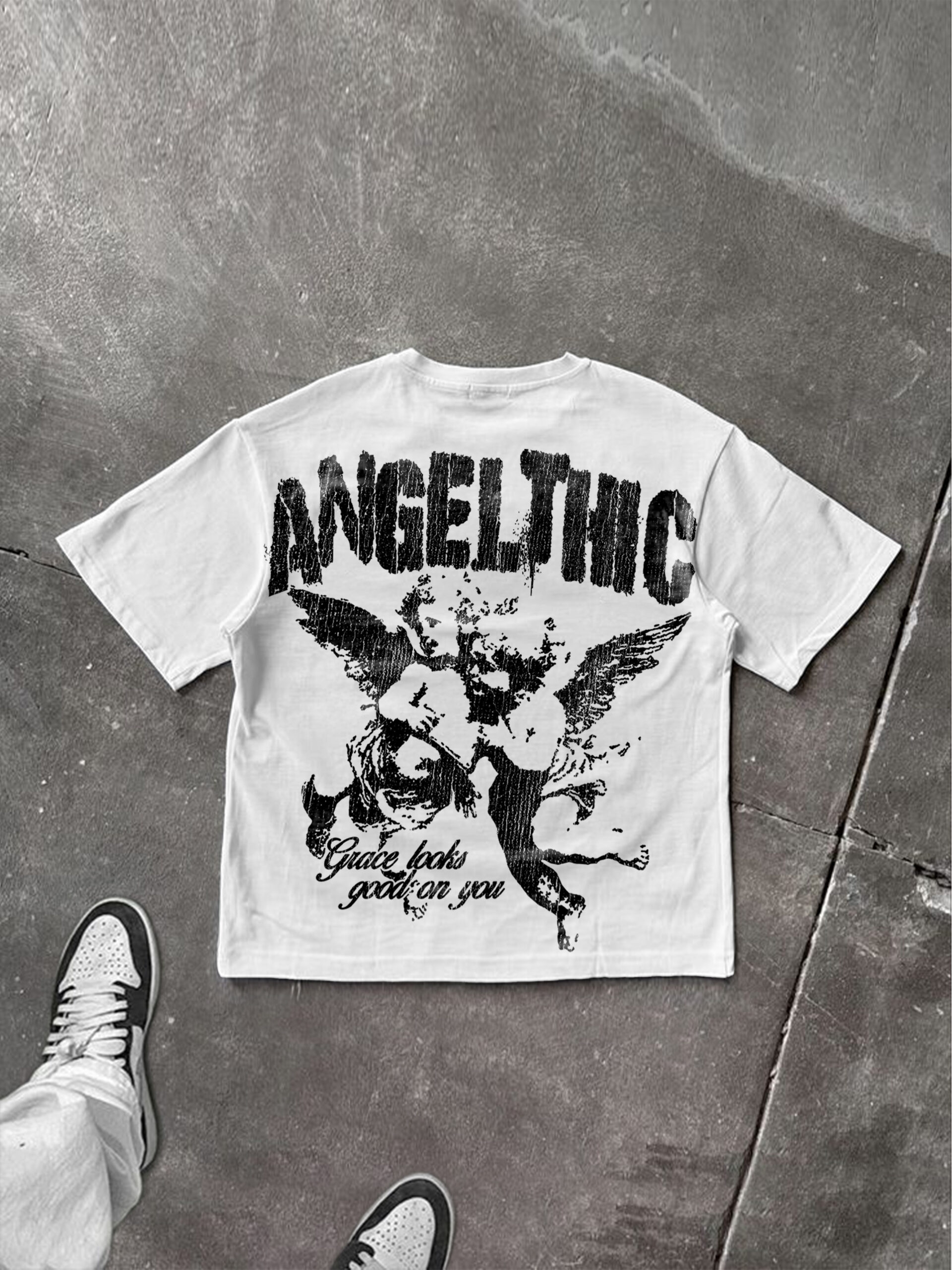 Angelthic Angel Playful Graphic Polyester V-Neck T-Shirt Short Sleeve Vintage Summer
