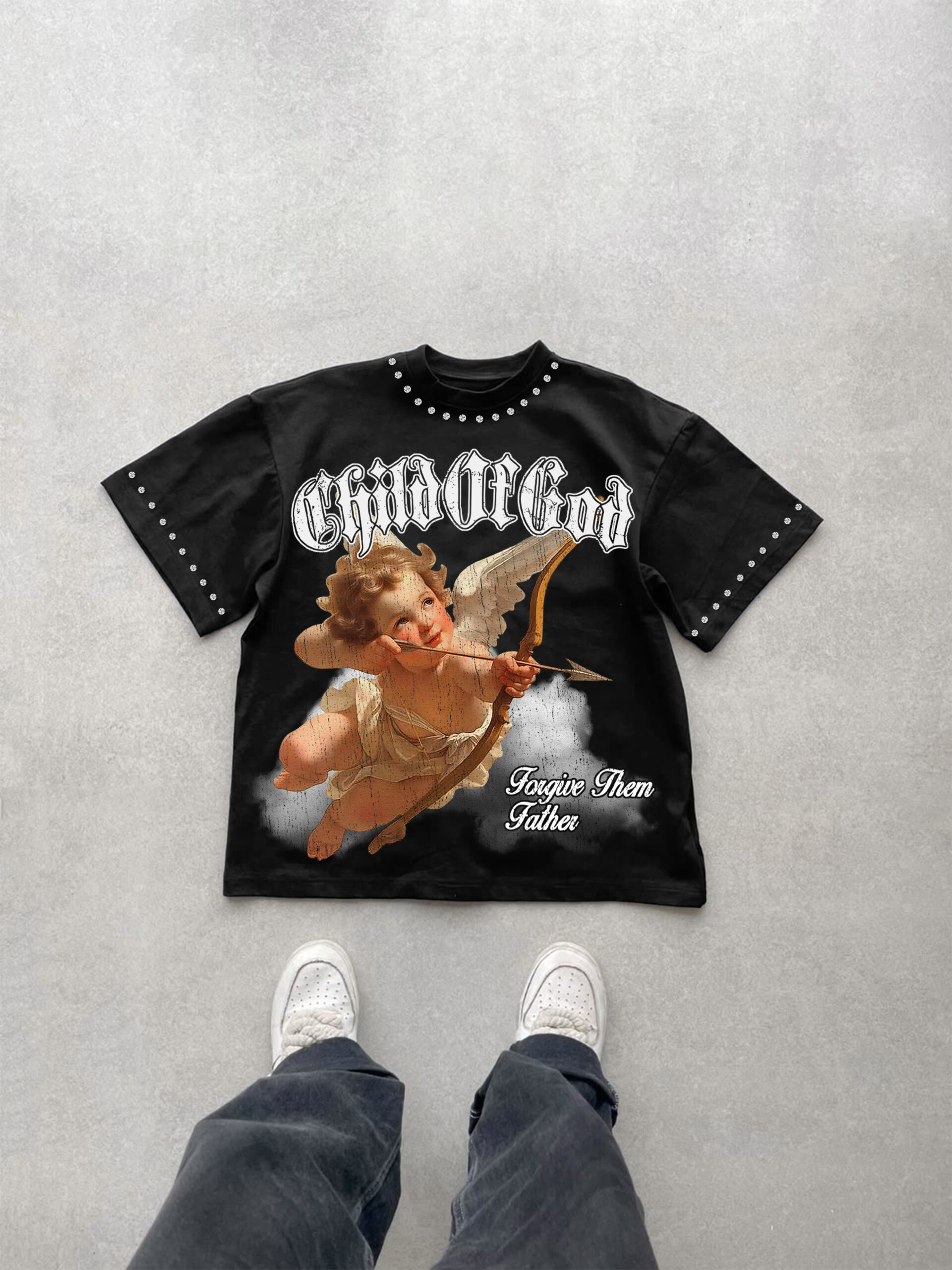 Archery Angel Bible Graphic Rhinestone T-Shirt - Polyester V-Neck Short Sleeve Vintage