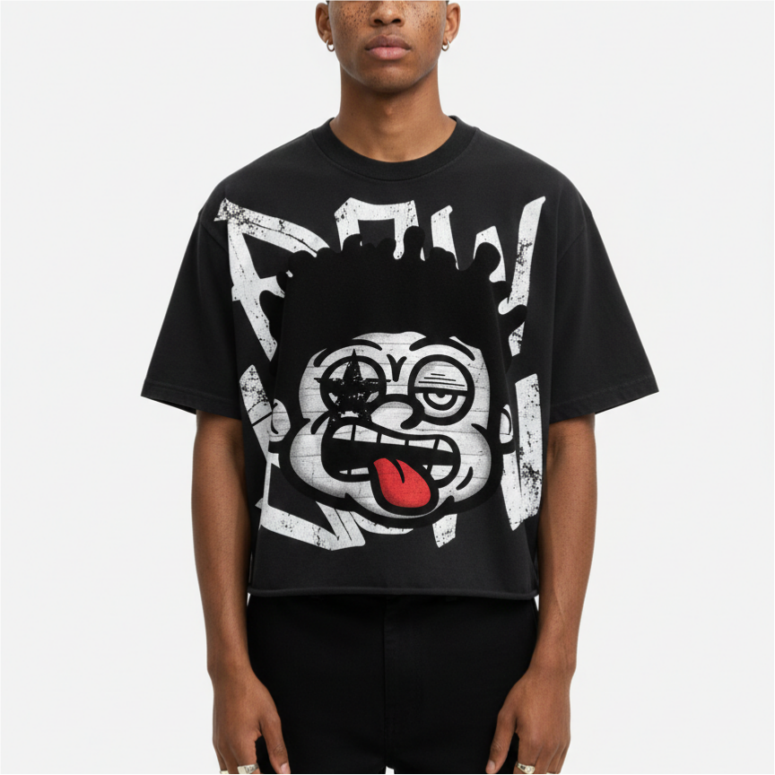 Big Face Retro Cartoon Graphic Cropped V-Neck T-Shirt - Polyester Short Sleeve Vintage Summer Top