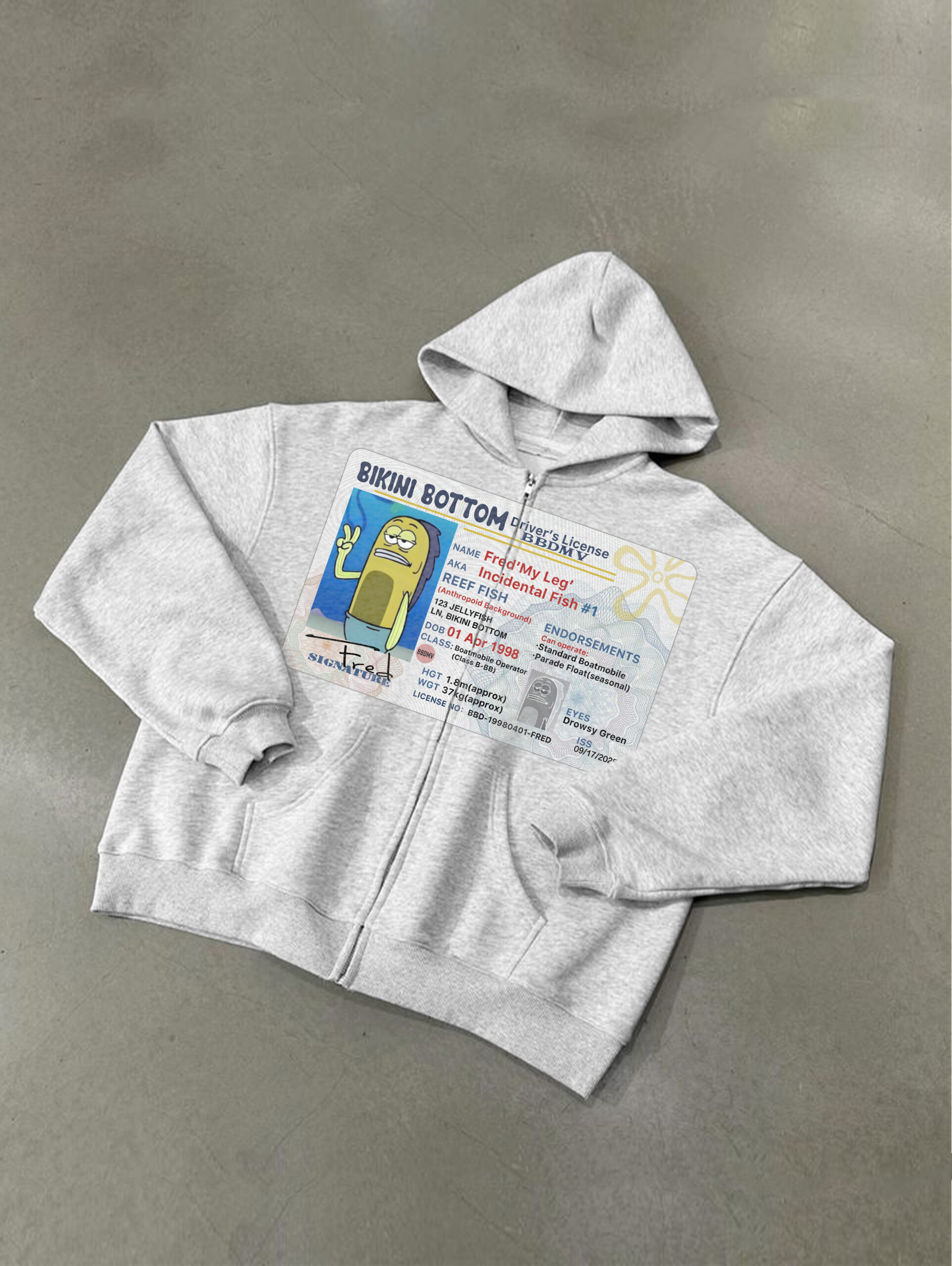 Bikini Bottom Fred My Leg Driver’s License Graphic Zippered Hoodie Polyester Short Sleeve