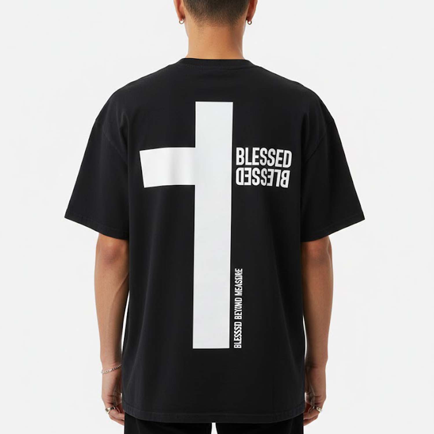 Blessed Cross Graphic V-Neck Short Sleeve Polyester T-Shirt Vintage Style
