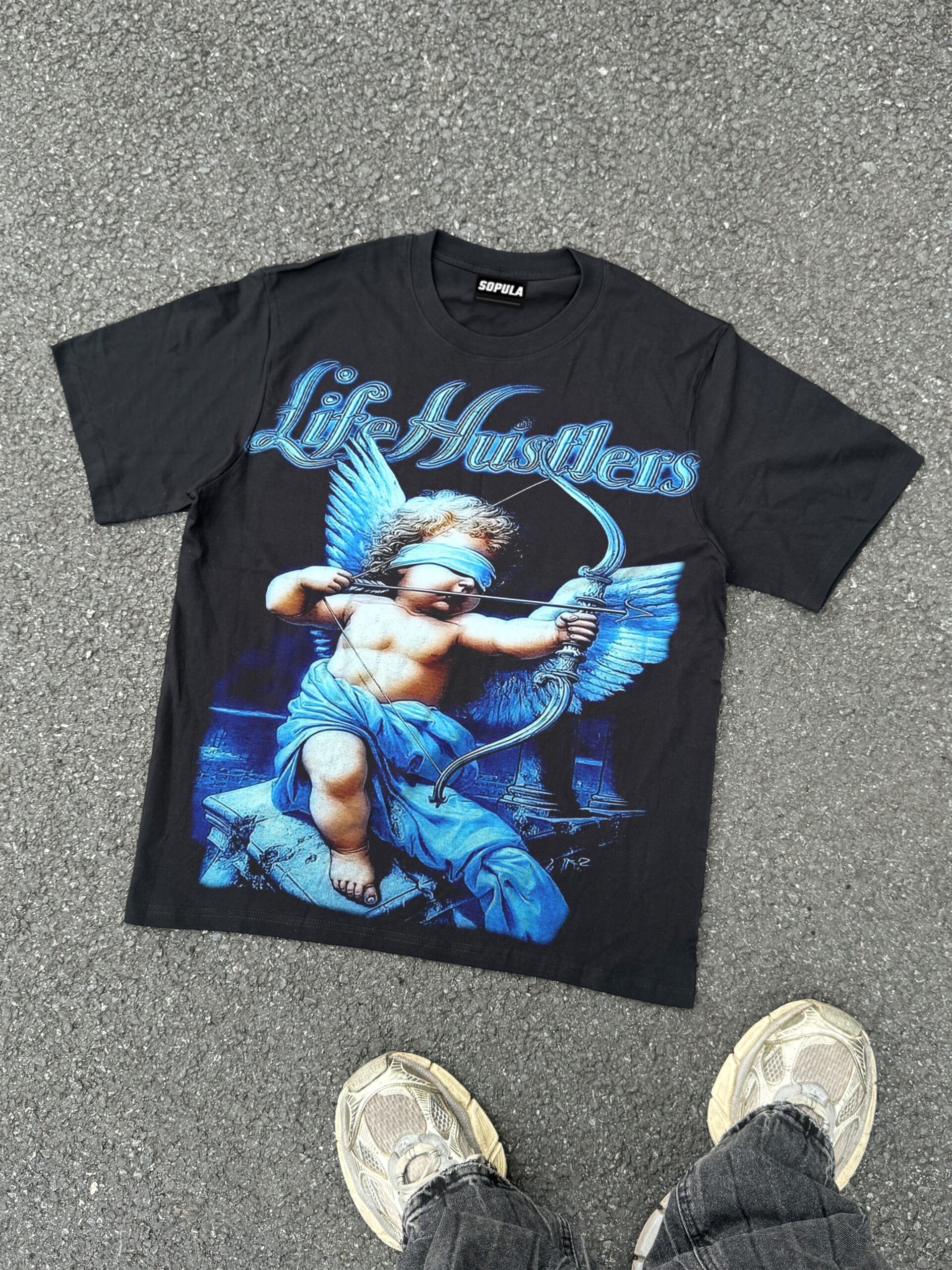 Blind Cupid Graphic Cotton T-Shirt Vintage V-Neck Short Sleeve Polyester Streetwear