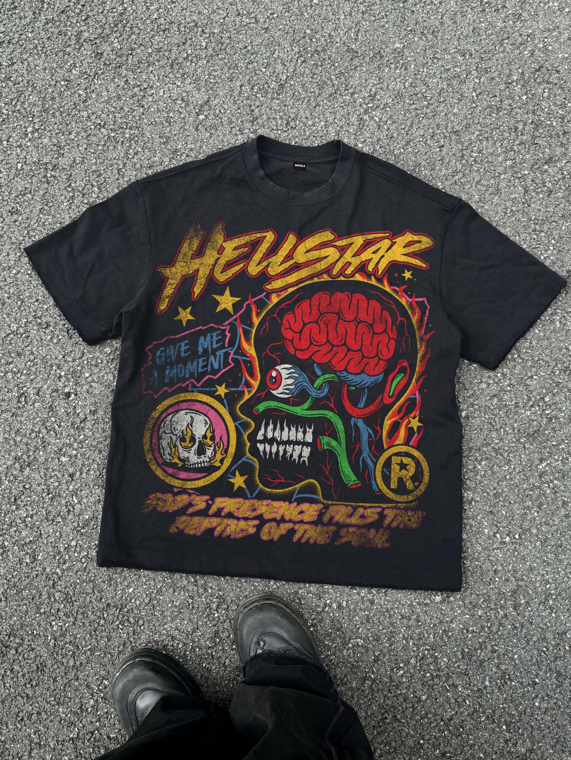 Burning Soul Cartoon Brain Vintage Graphic Heavyweight Polyester V-Neck T-Shirt