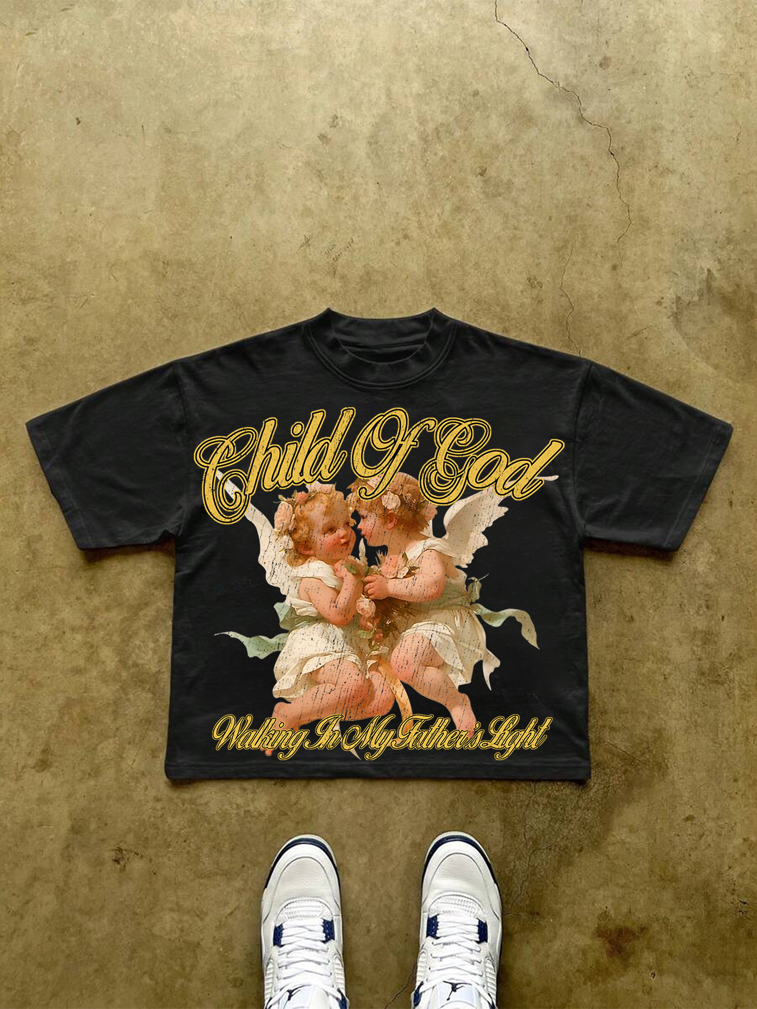 Child Of God Flying Angel Graphic Cropped V-Neck T-Shirt - Polyester Short Sleeve