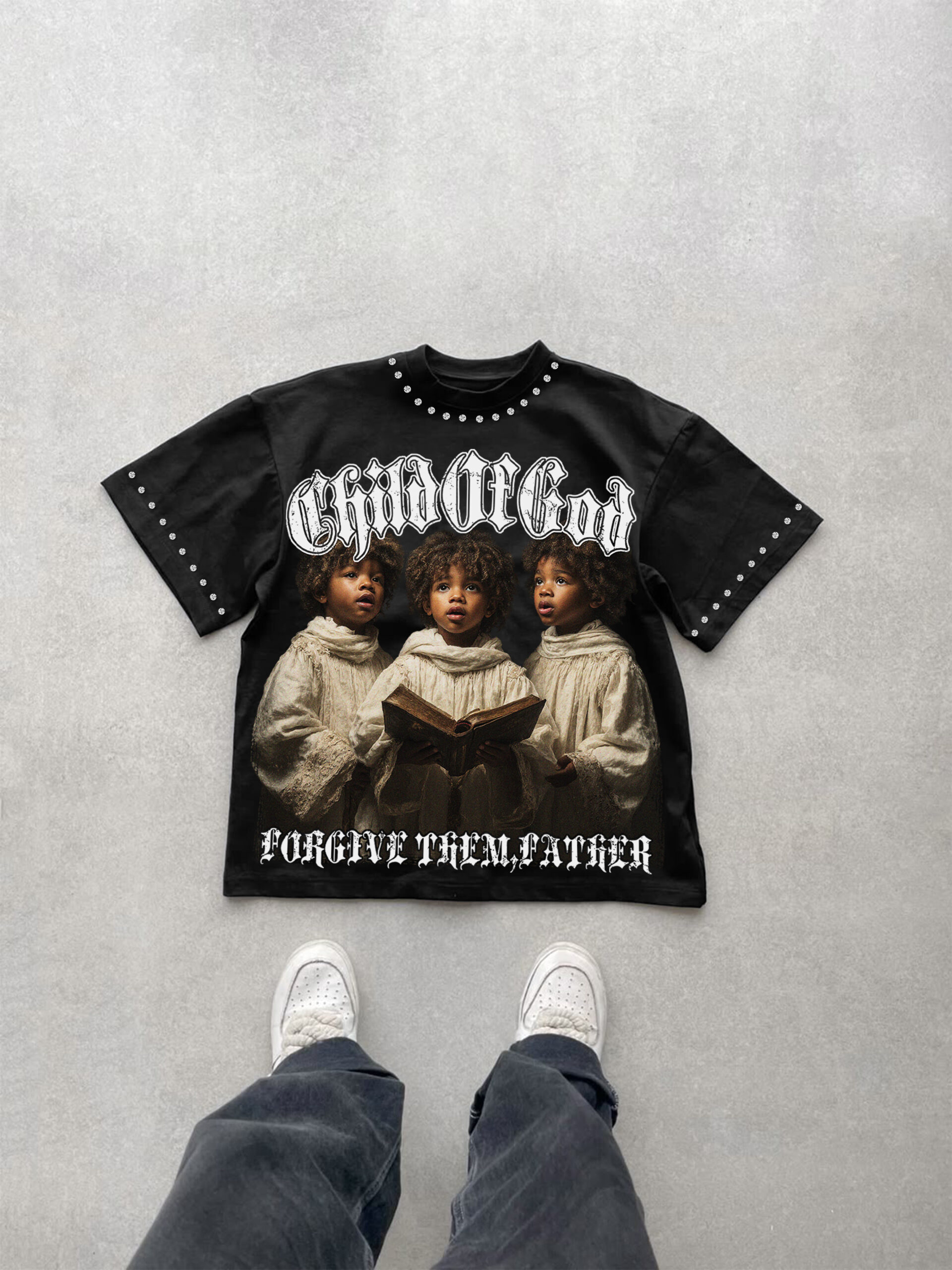 Child Of God Saints Graphic Rhinestone T-Shirt - Polyester V-Neck Short Sleeve Vintage