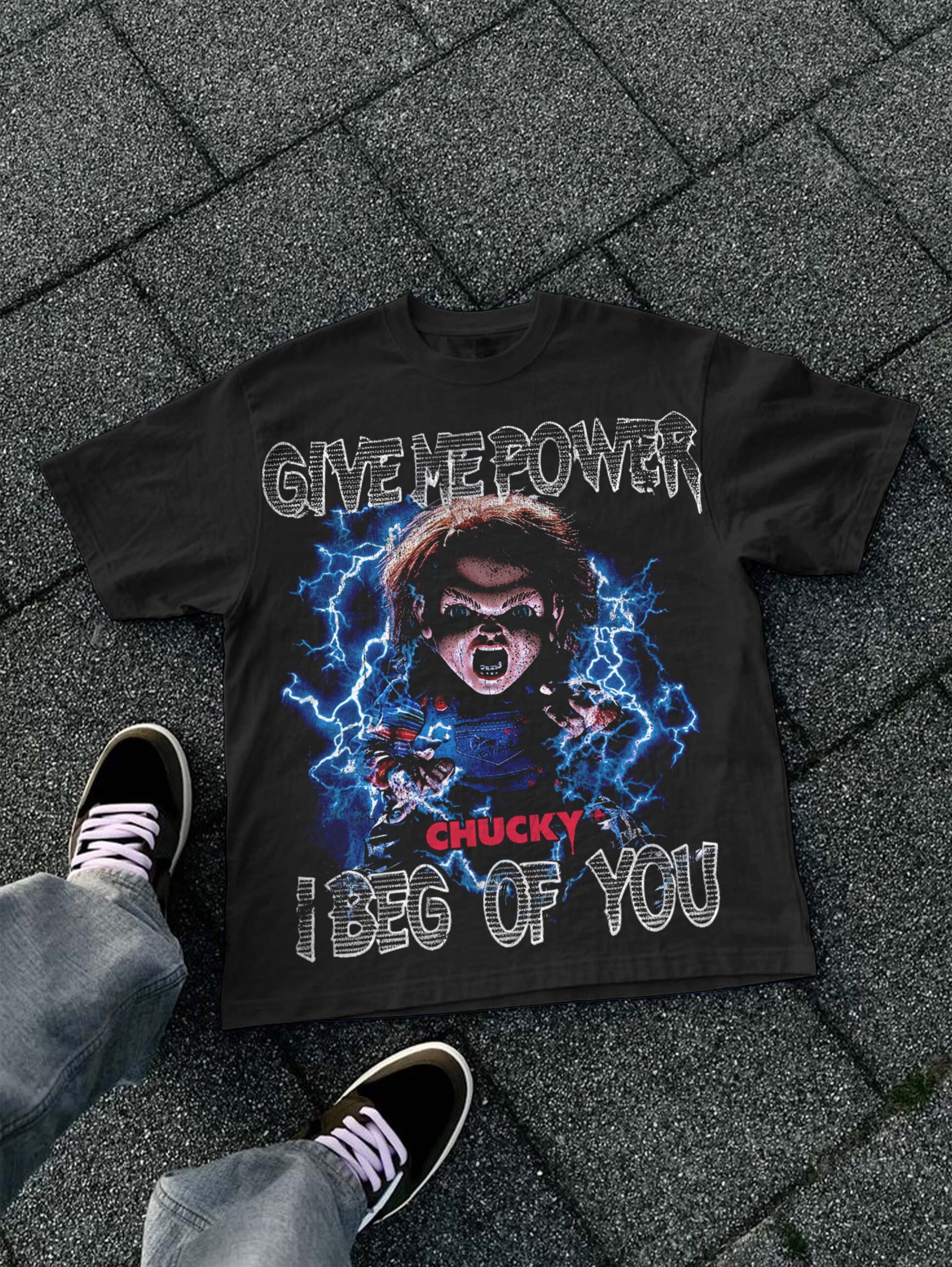 Chucky Horror Give Me The Power Graphic V-Neck Cotton T-Shirt Short Sleeve