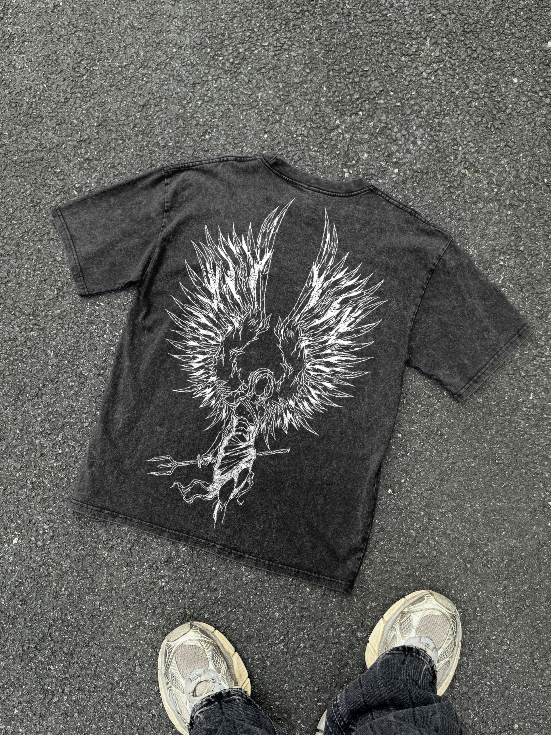 Dark Angel Vintage Graphic Acid Washed V-Neck T-Shirt - Polyester Short Sleeve