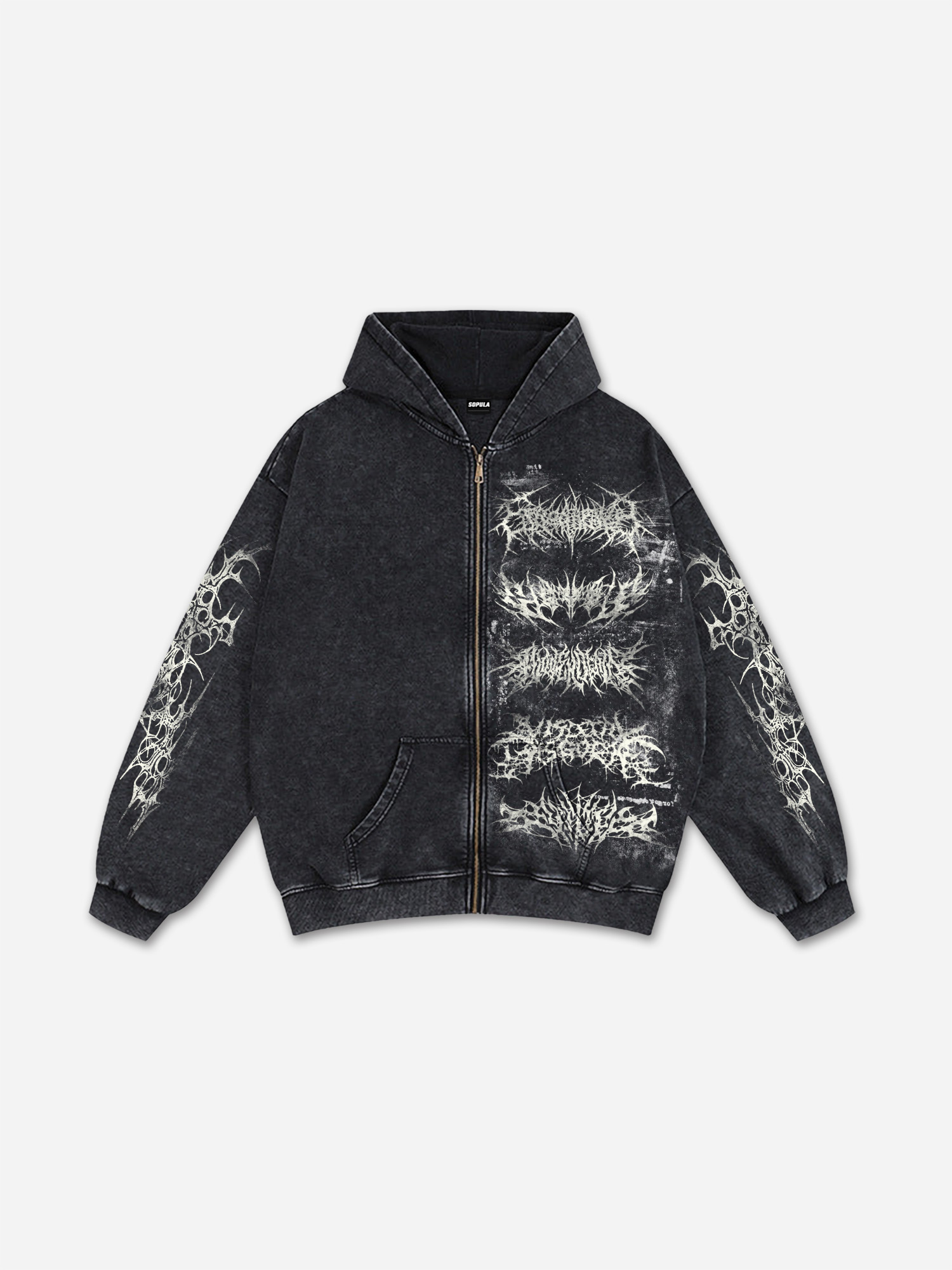 Dark Gothic Thorns Font Vintage Graphic Acid Washed Oversized Zip-up Hoodie Polyester Short Sleeve