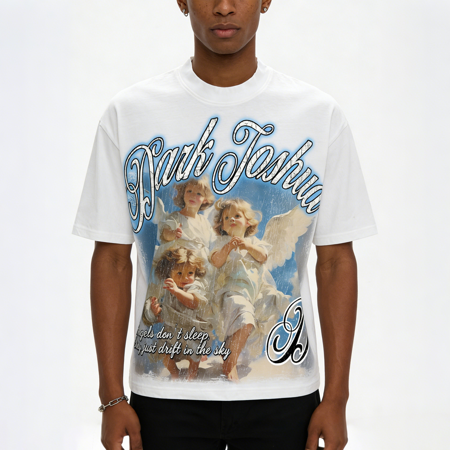 Dark Joshua Angel Graphic Cropped V-Neck T-Shirt - Polyester Short Sleeve Vintage