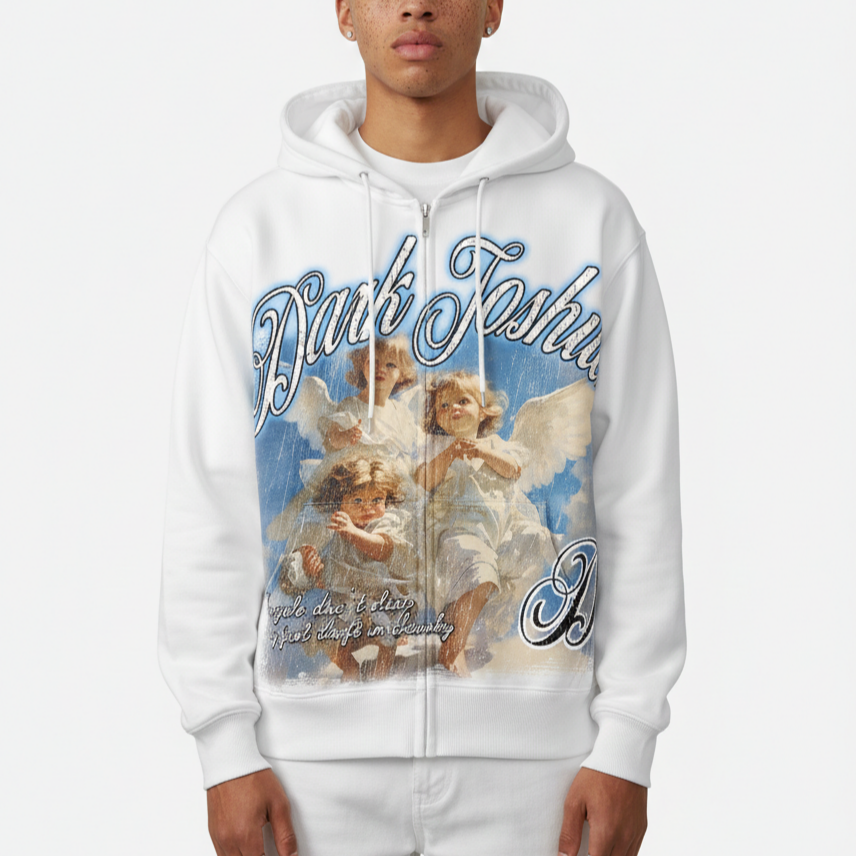 Dark Joshua Angel Graphic Zip Up Hoodie - Polyester Vintage Short Sleeve V-Neck