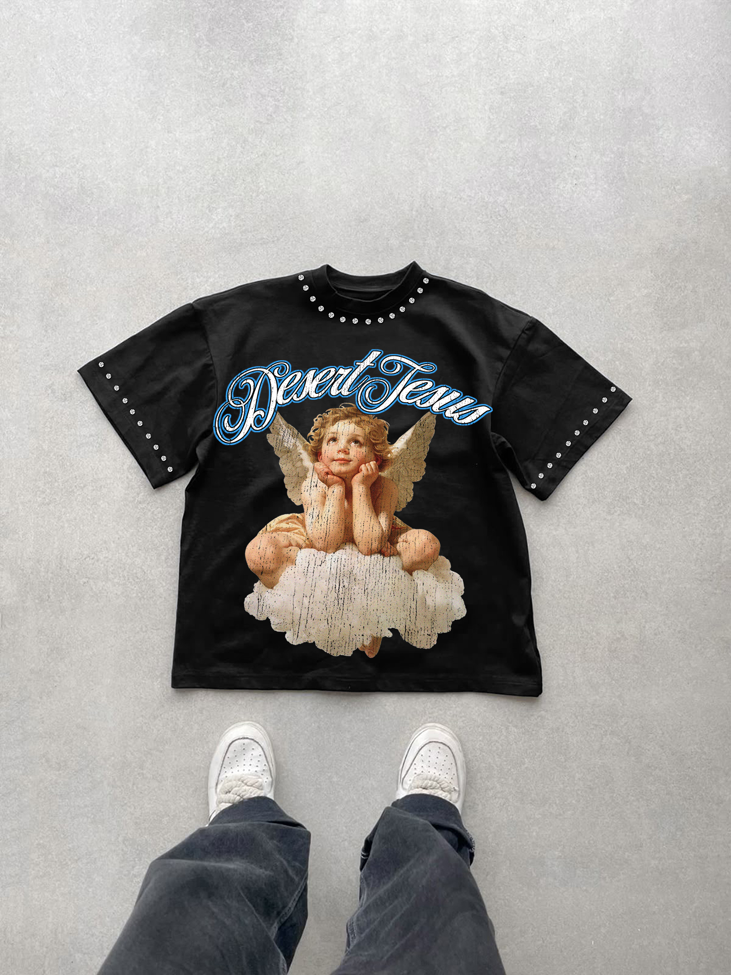Desert Jesus Cloud Angel Graphic Rhinestone T-Shirt - V-Neck Short Sleeve Polyester Vintage