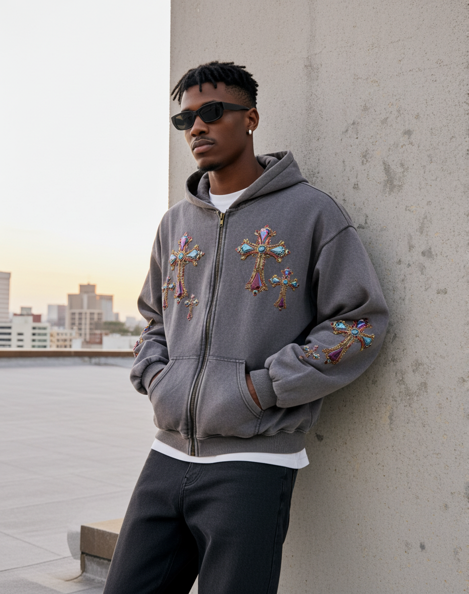 Diamond Colored Cross Graphic Acid Washed Oversized Zip-up Hoodie - Polyester Vintage Short Sleeve