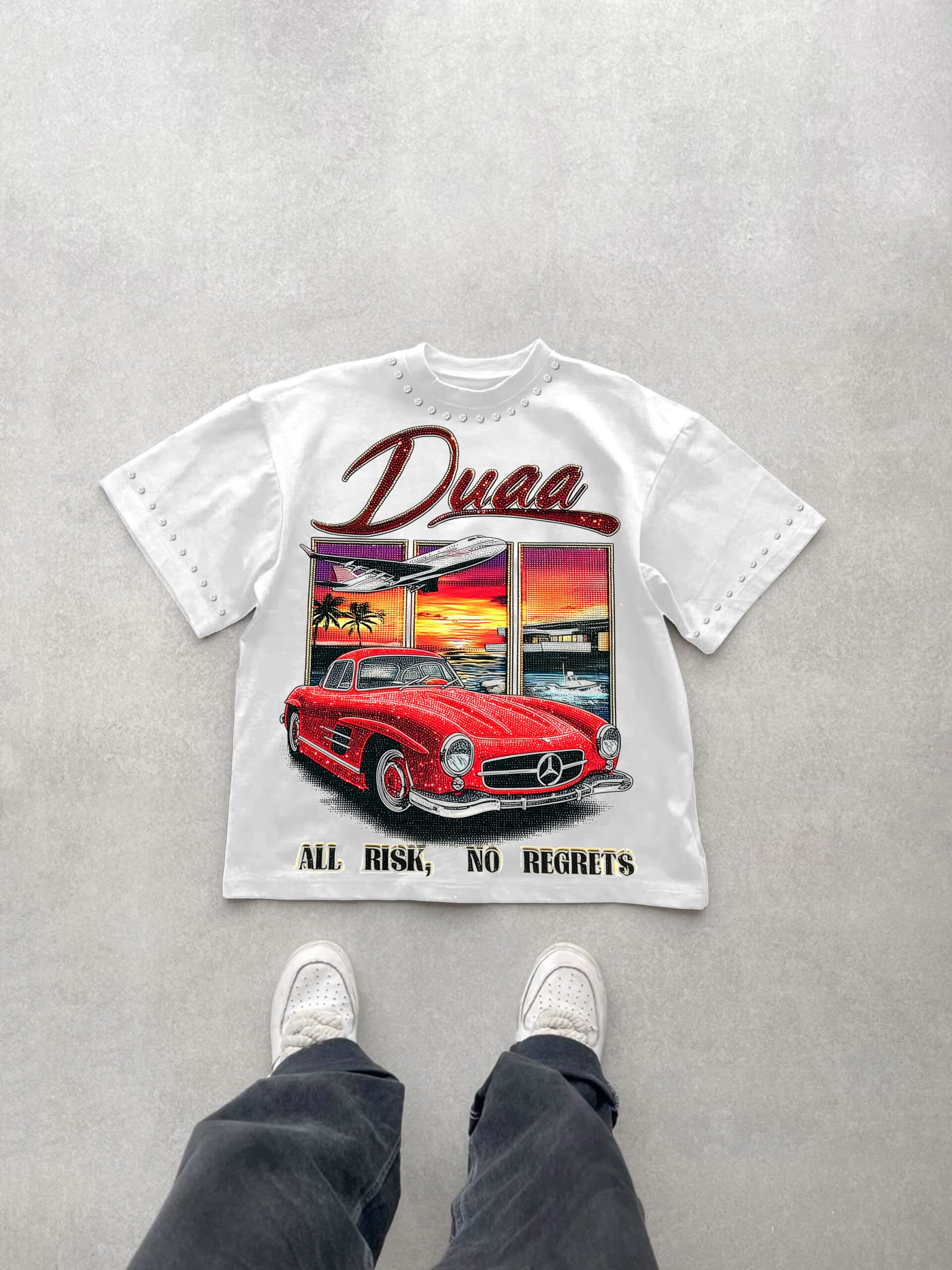 Duaa All Risk Graphic V-Neck T-Shirt - Polyester Short Sleeve Vintage Summer Streetwear
