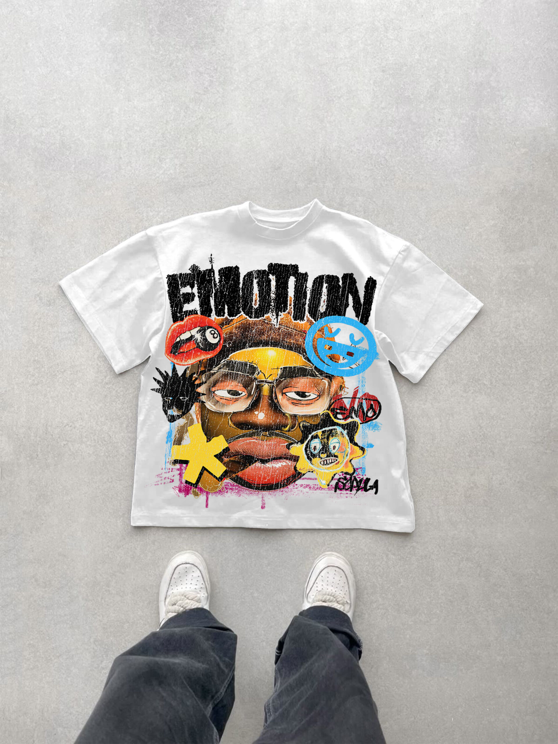 Emotion Fun Big Face Graffiti Graphic V-Neck Cotton T-Shirt - Short Sleeve Vintage Streetwear