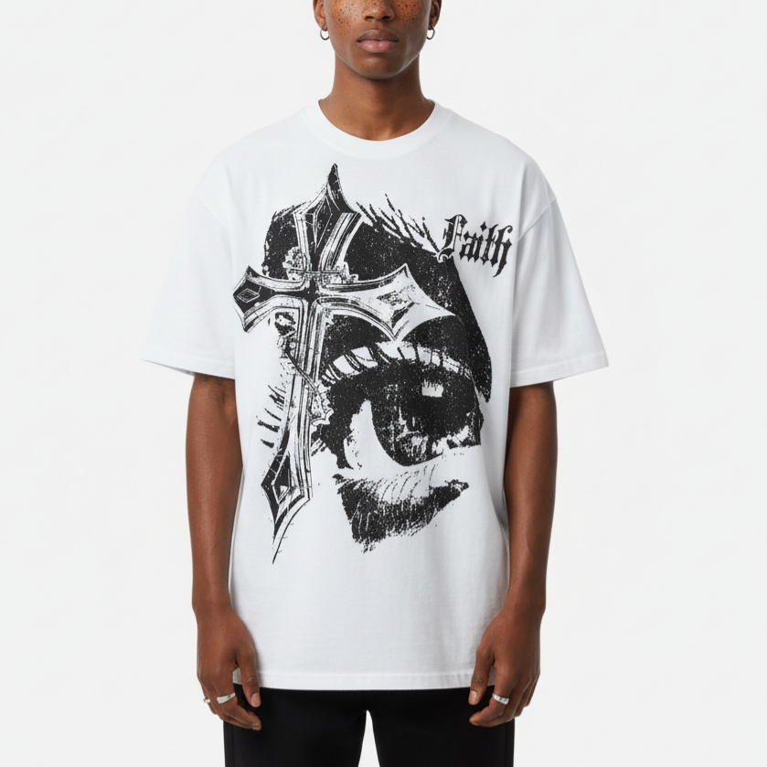 Eye of the Cross Faith Graphic V-Neck Short Sleeve Polyester T-Shirt Vintage Style