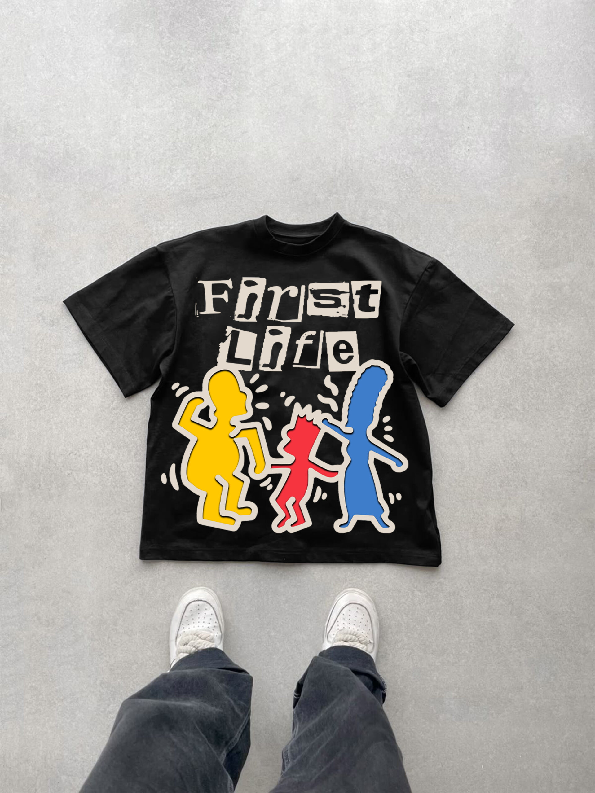 First Life Cartoon Anime Silhouette Graphic V-Neck Cotton T-Shirt Polyester Short Sleeve