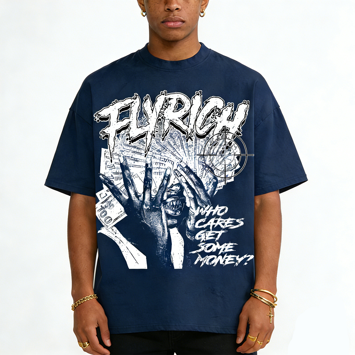 Fly Rich Get Some Money Vintage Graphic V-Neck Short Sleeve Polyester T-Shirt