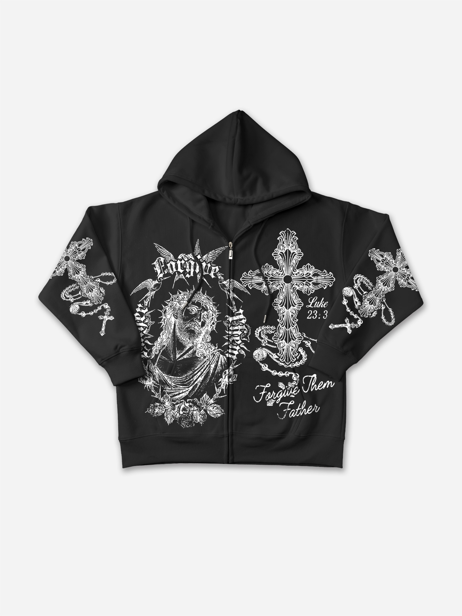 Forgive Them Father Cross Jesus Zip-Up Hoodie - Polyester Vintage Short Sleeve