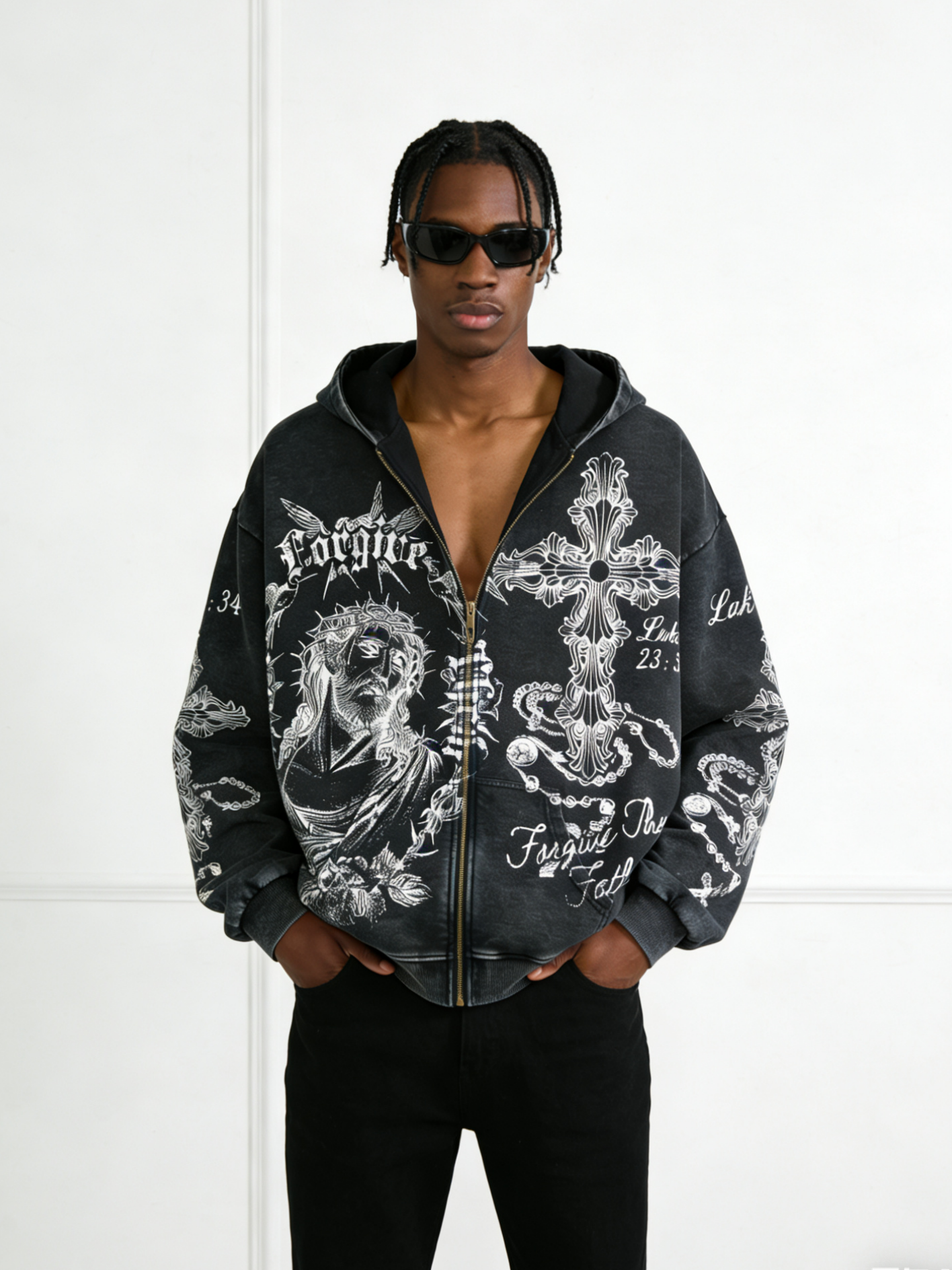Forgive Them Father Jesus Cross Graphic Acid Washed Oversized Zip-up Hoodie Polyester