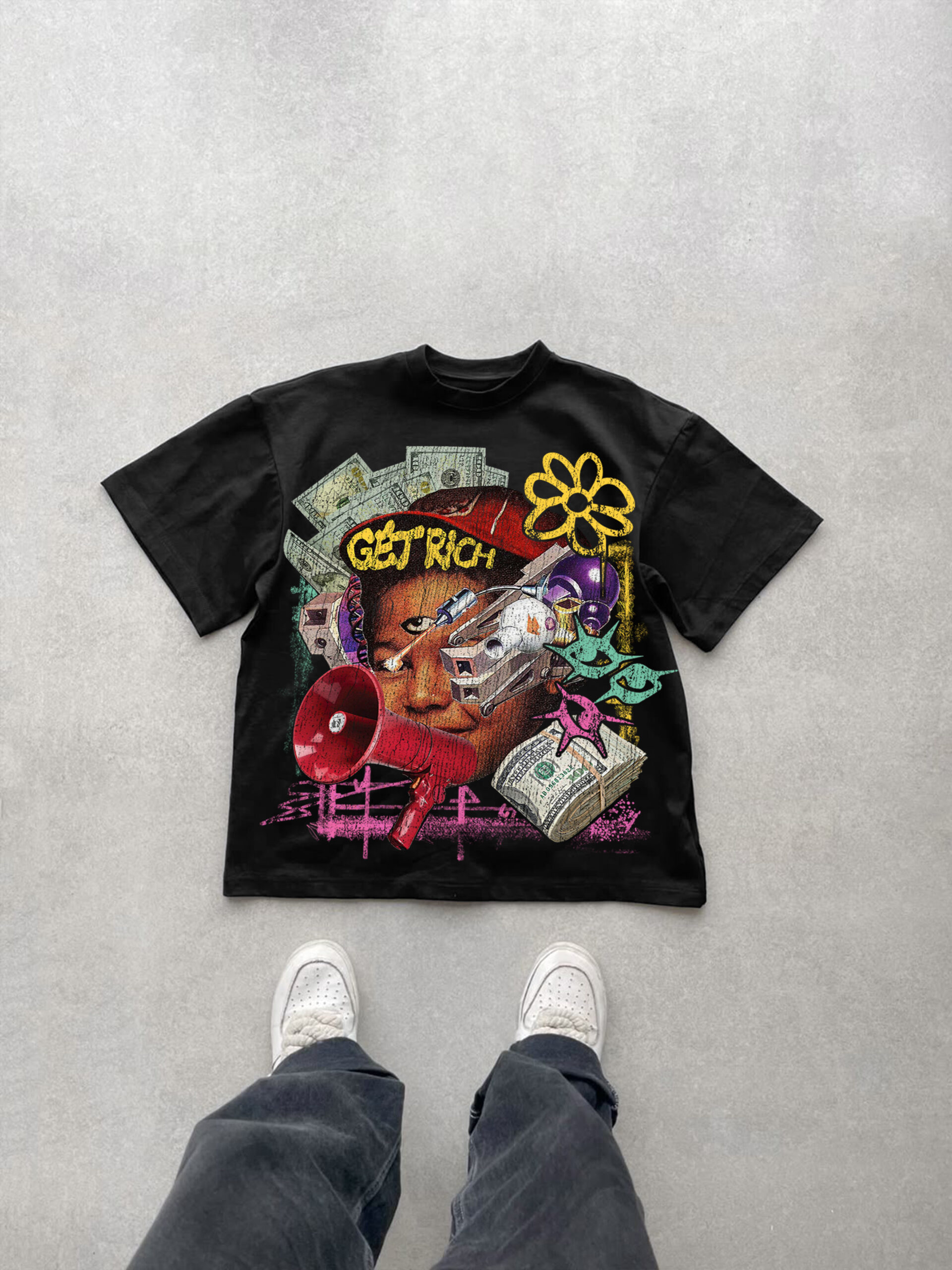 Get Rich Boy Graffiti Graphic V-Neck Short Sleeve Polyester T-Shirt