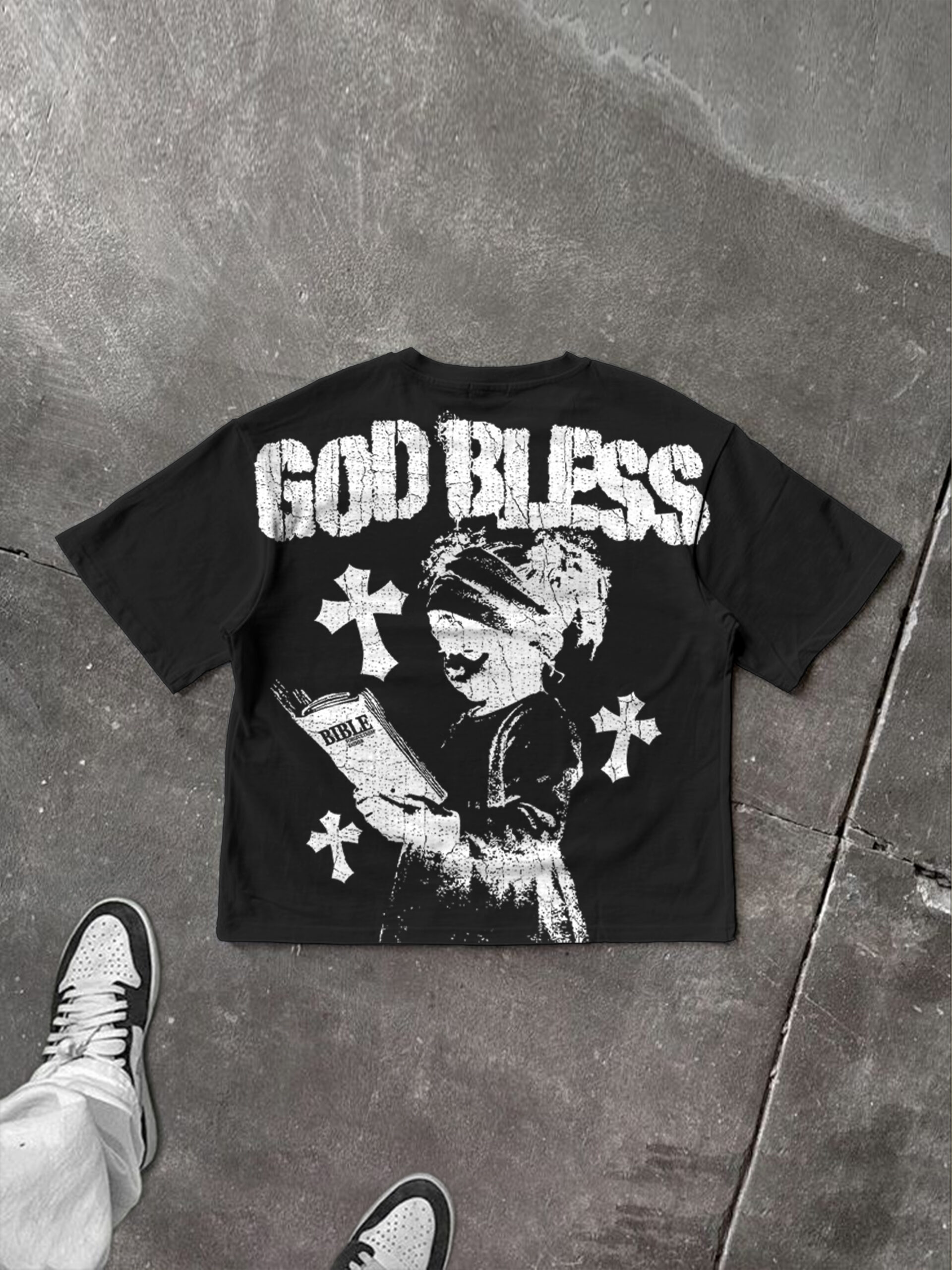 God Bless Children's Prayer Graphic Cotton T-Shirt V-Neck Short Sleeve Vintage Polyester