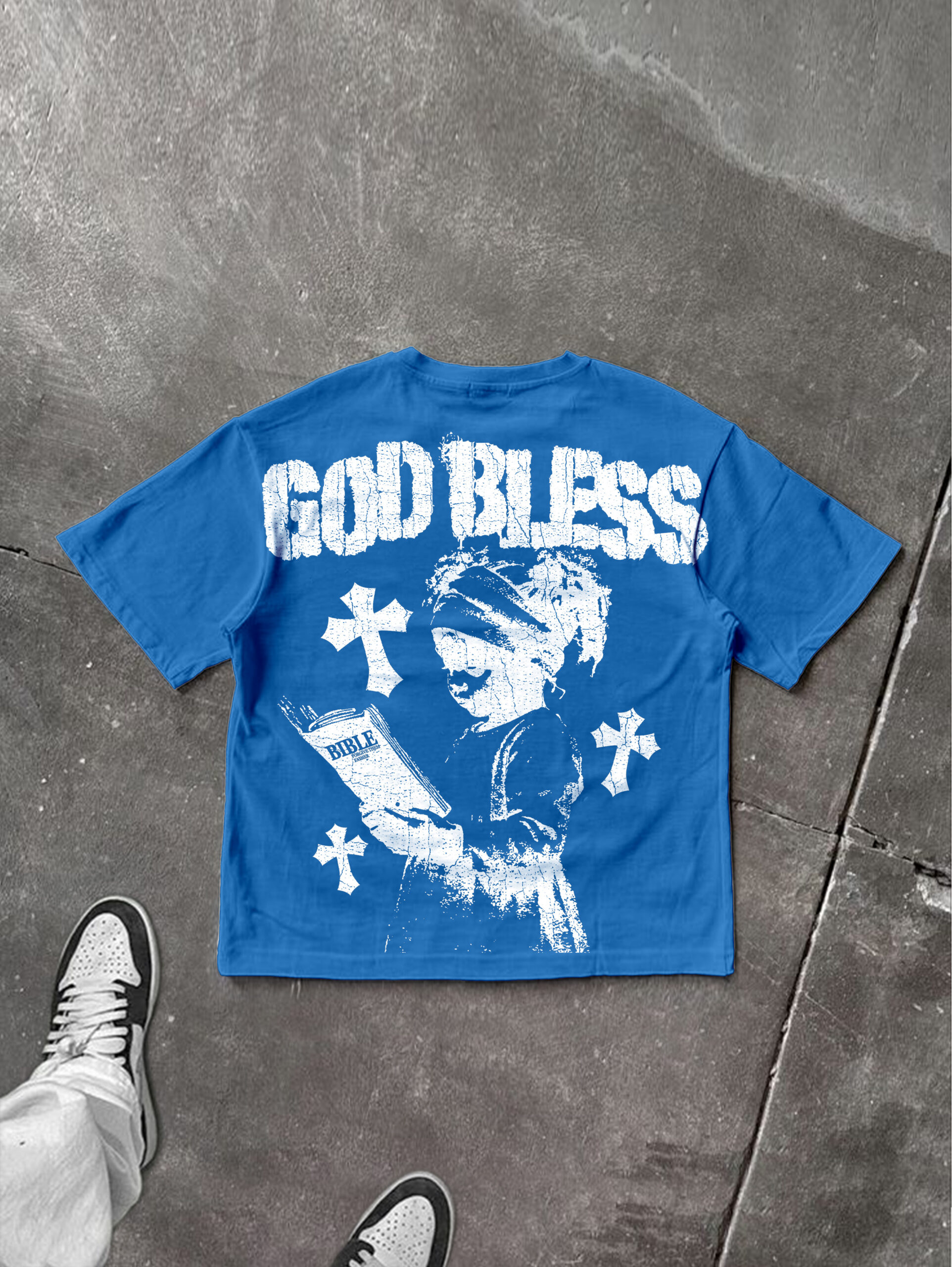 God Bless Children's Prayer Vintage Graphic V-Neck Short Sleeve Polyester T-Shirt