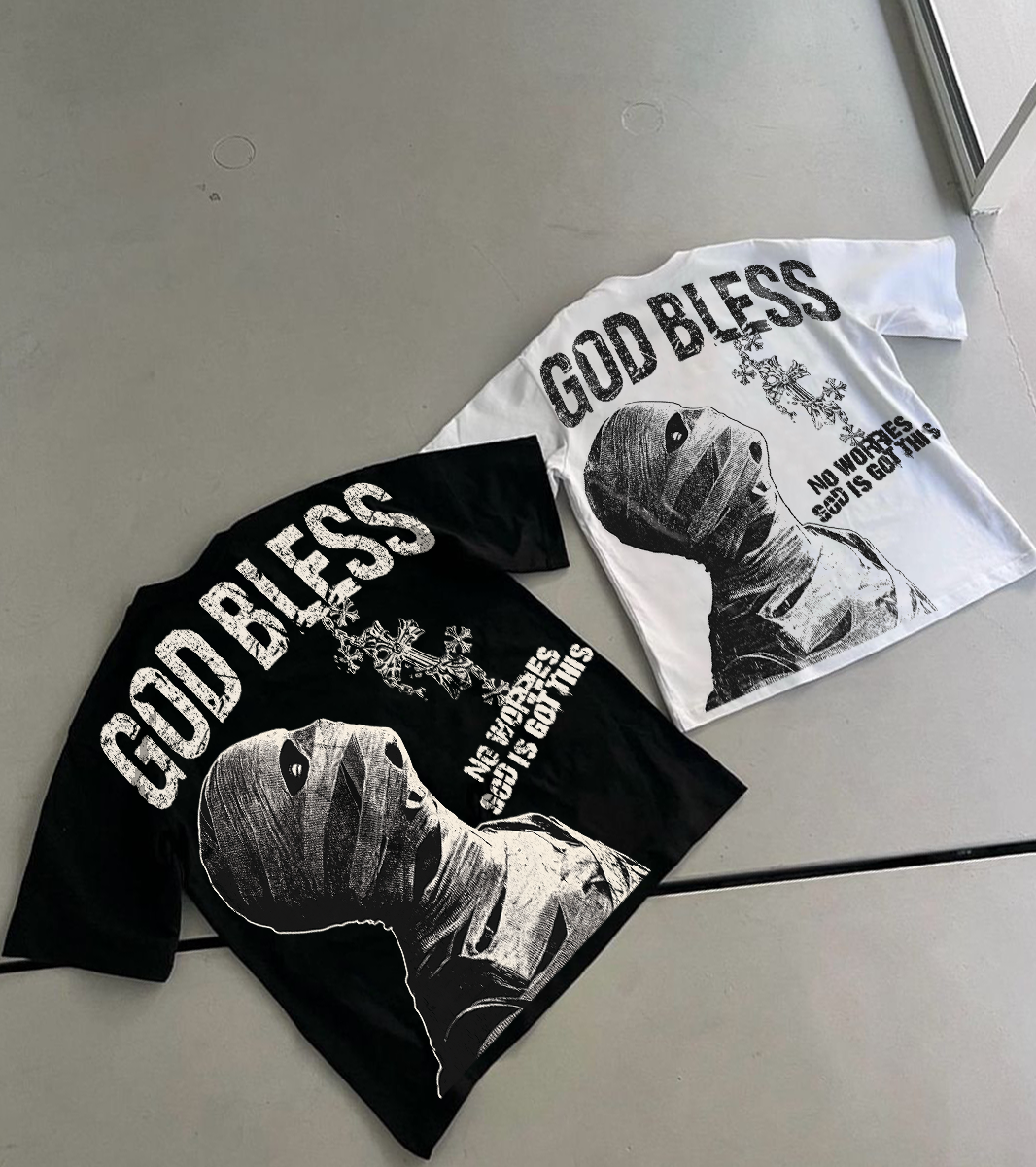 God Bless Vintage Cross Mummy Graphic V-Neck Short Sleeve Polyester T-Shirt