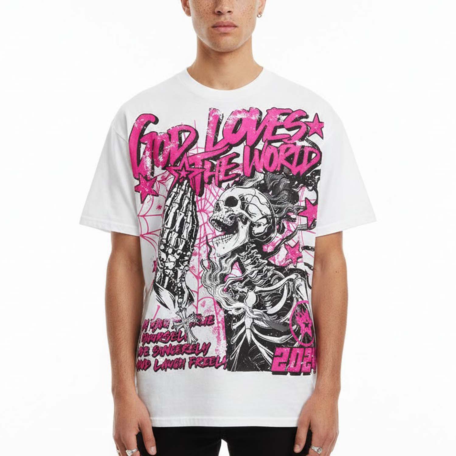 God Loves The World Vintage Graphic V-Neck Short Sleeve Polyester T-Shirt