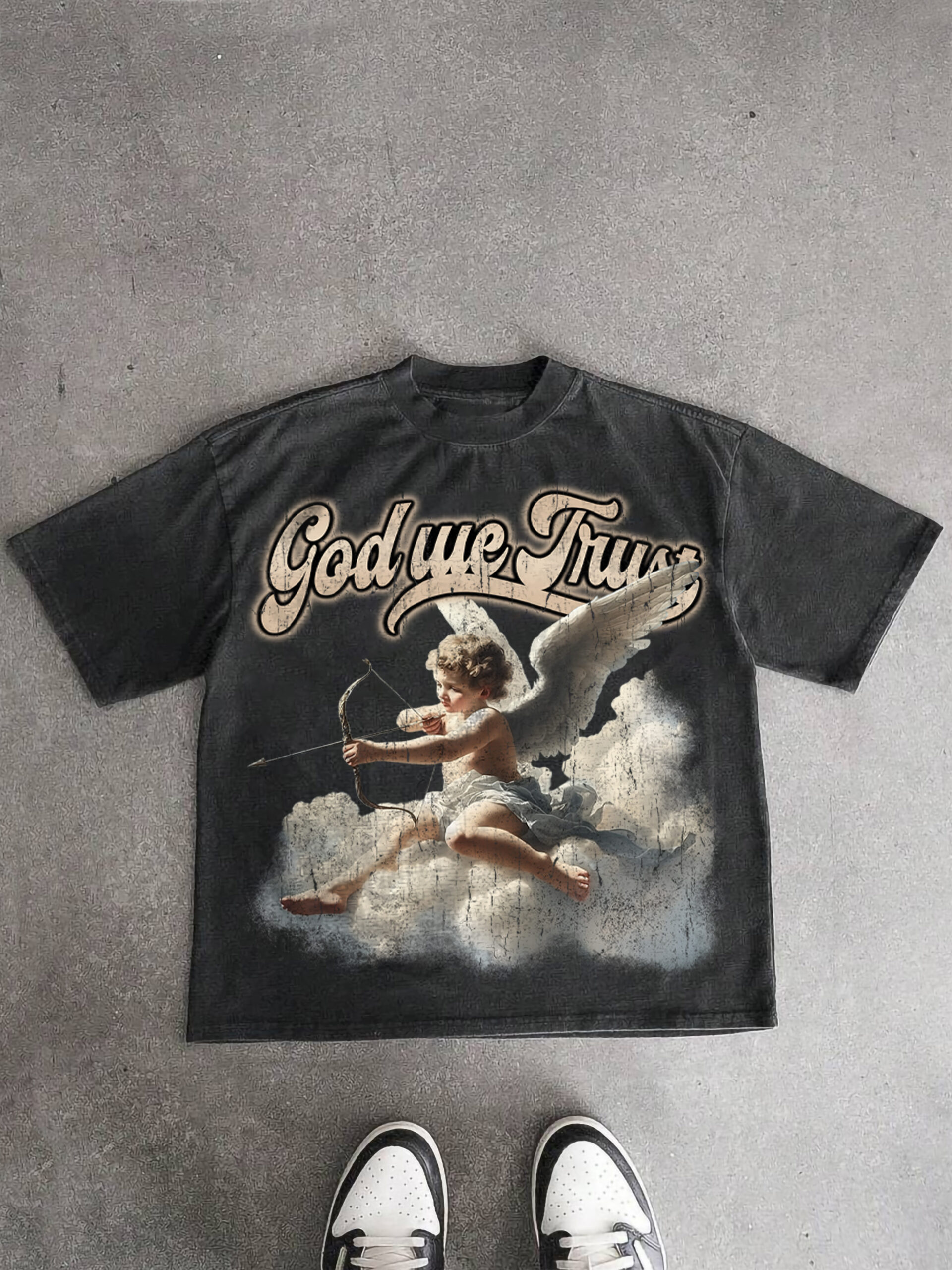 God We Trust Cupid Angel Aged Vintage Graphic Washed Polyester V-Neck T-Shirt Short Sleeve