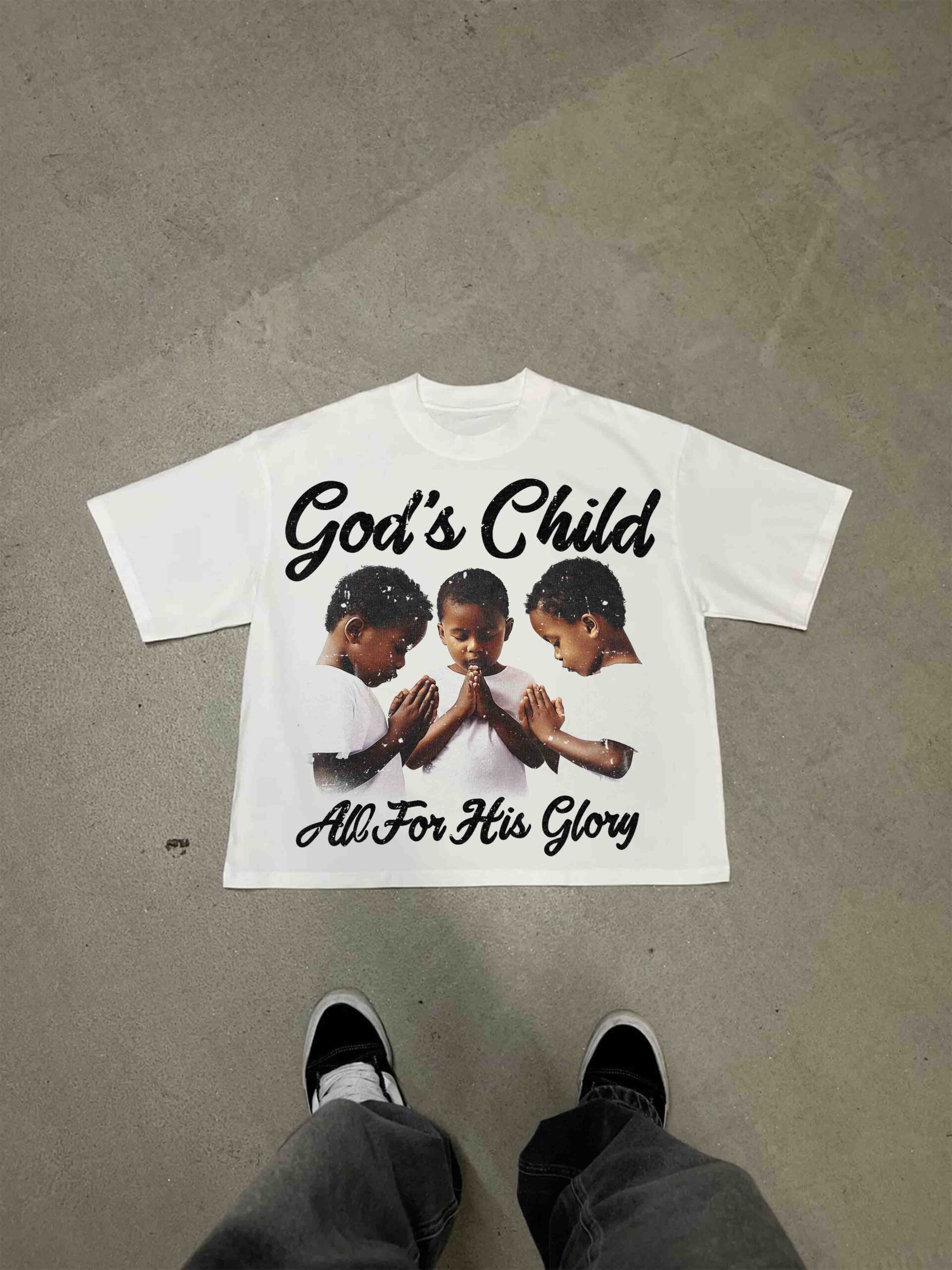 God's Child Print Polyester V-Neck Short Sleeve T-Shirt Vintage Streetwear