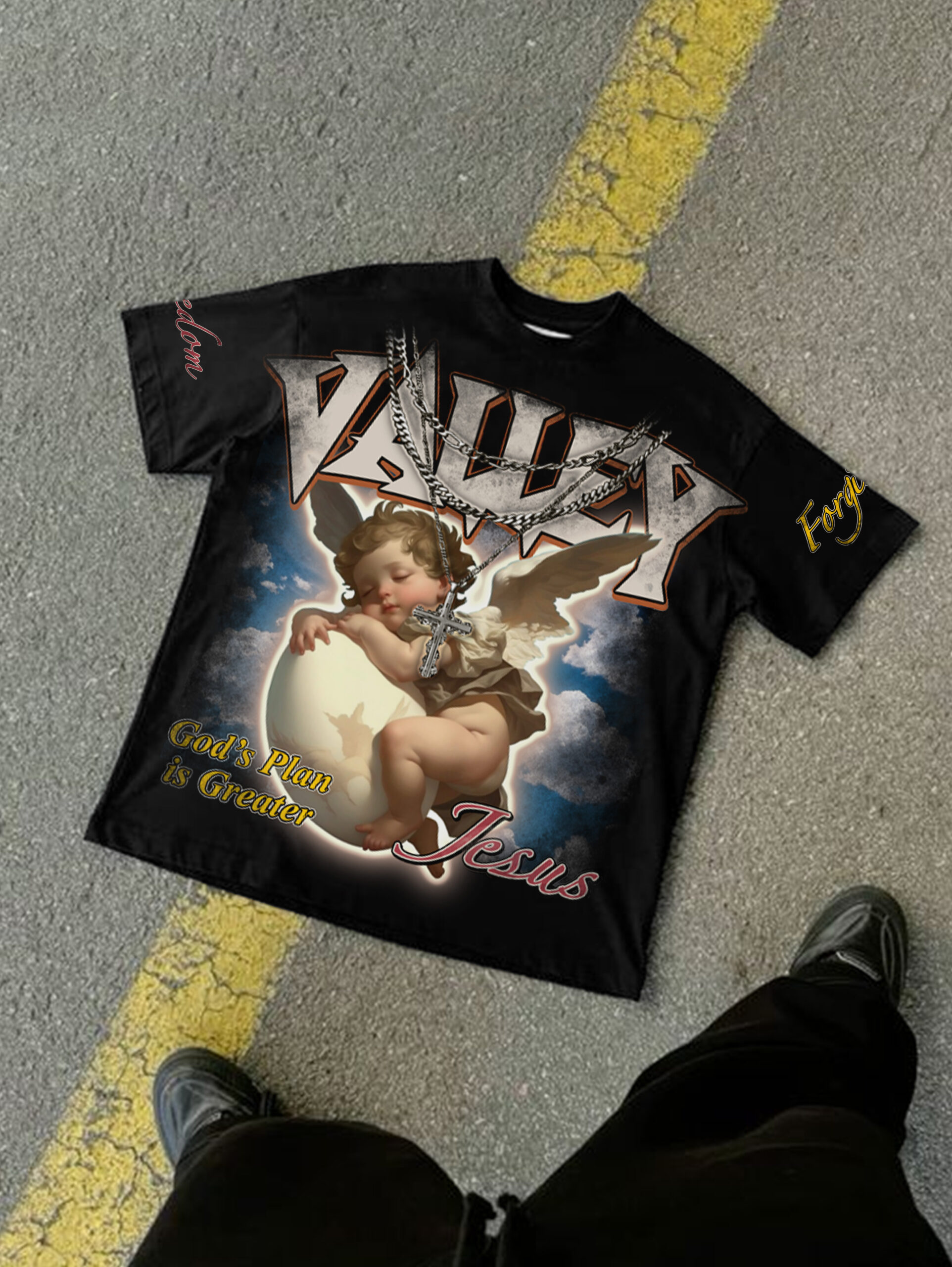 God's Plan Is Greater Jesus Angel Vintage Graphic V-Neck Cotton T-Shirt Short Sleeve