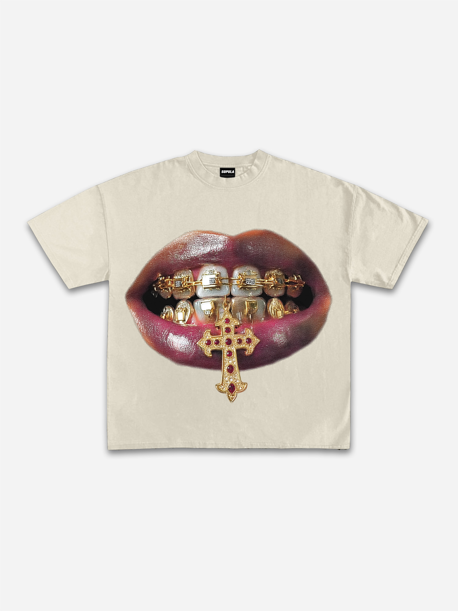 Golden Cross Gem Patch Grills Lips Oversized V-Neck Polyester T-Shirt