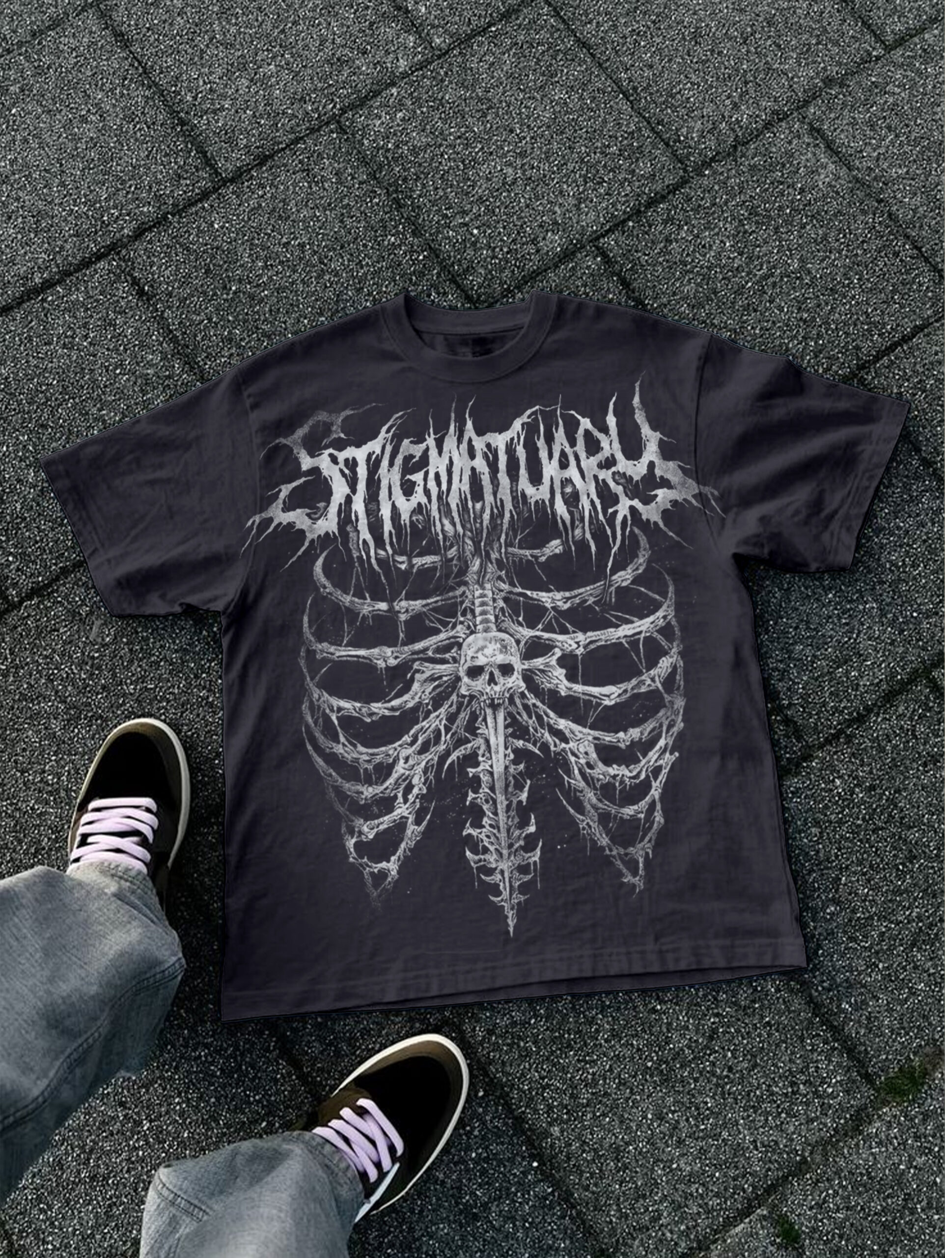 Gothic Dark Skeleton Bones Vintage Graphic V-Neck Cotton T-Shirt Short Sleeve