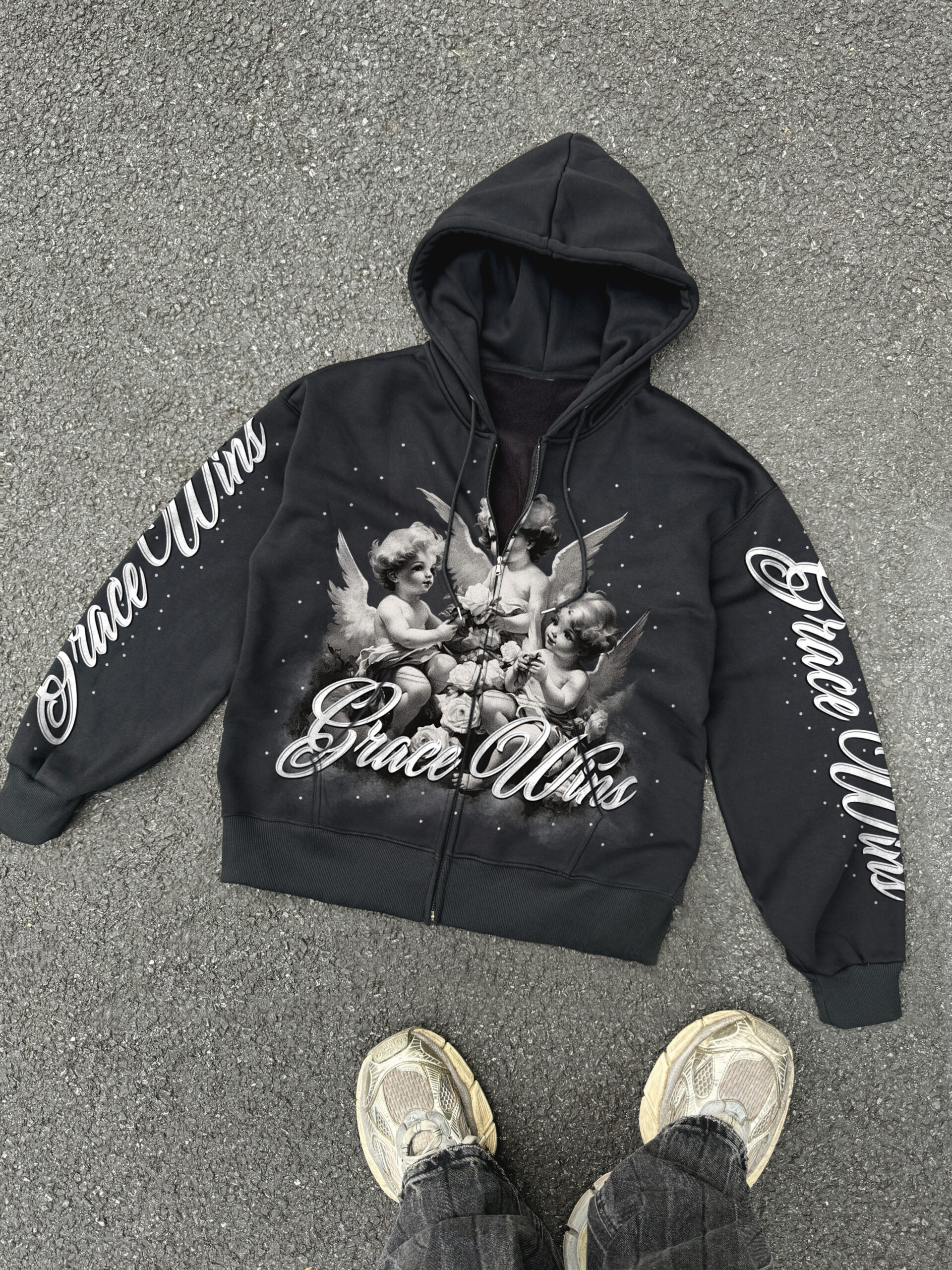 Grace Wins Angel Vintage Graphic Zip-Up Hoodie - Polyester Short Sleeve V-Neck Regular Length