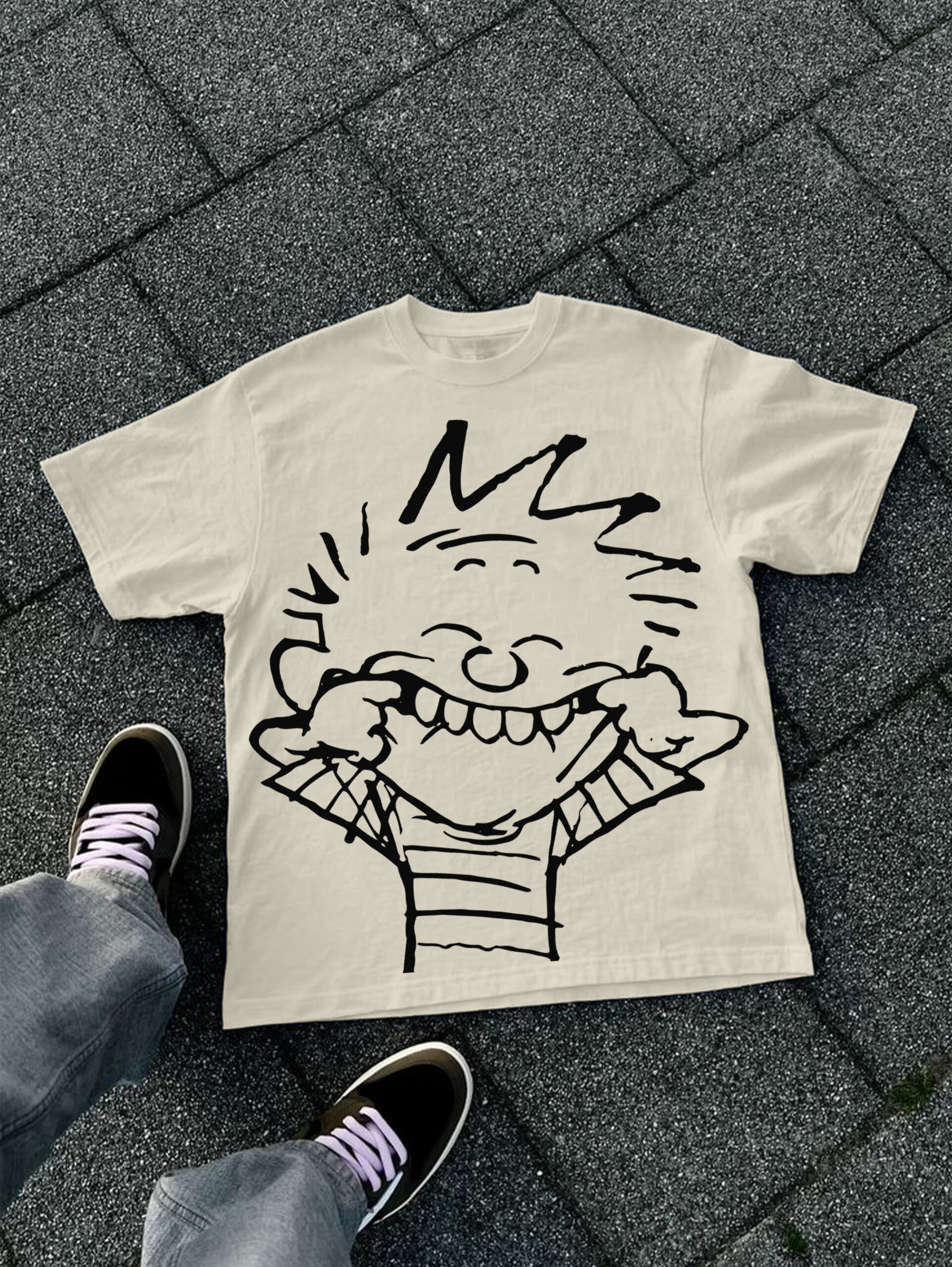 Hand Drawn Y2K Style Print Polyester V-Neck Short Sleeve T-Shirt