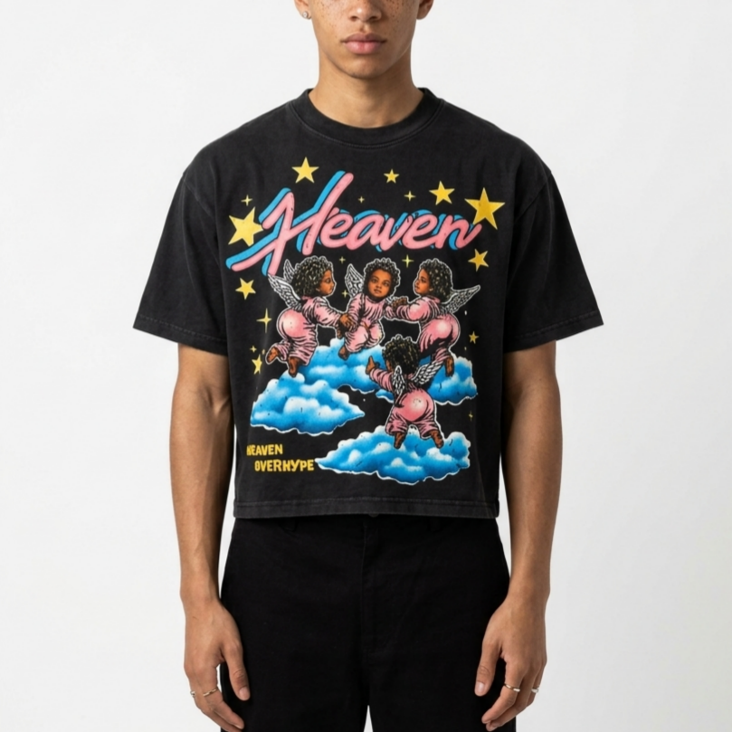 Heaven Over Hype Vintage Cherub Graphic Cropped V-Neck T-Shirt - Polyester Short Sleeve