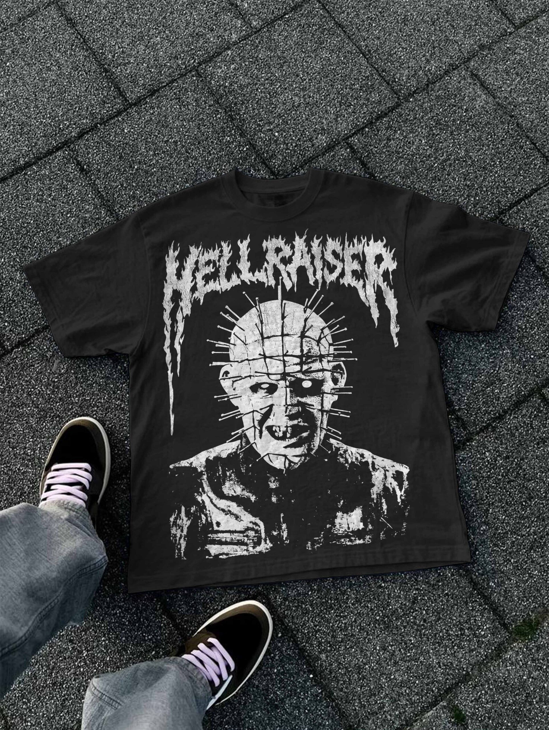 Hell Black Metal Pinhead Graphic Cotton T-Shirt V-Neck Short Sleeve Vintage