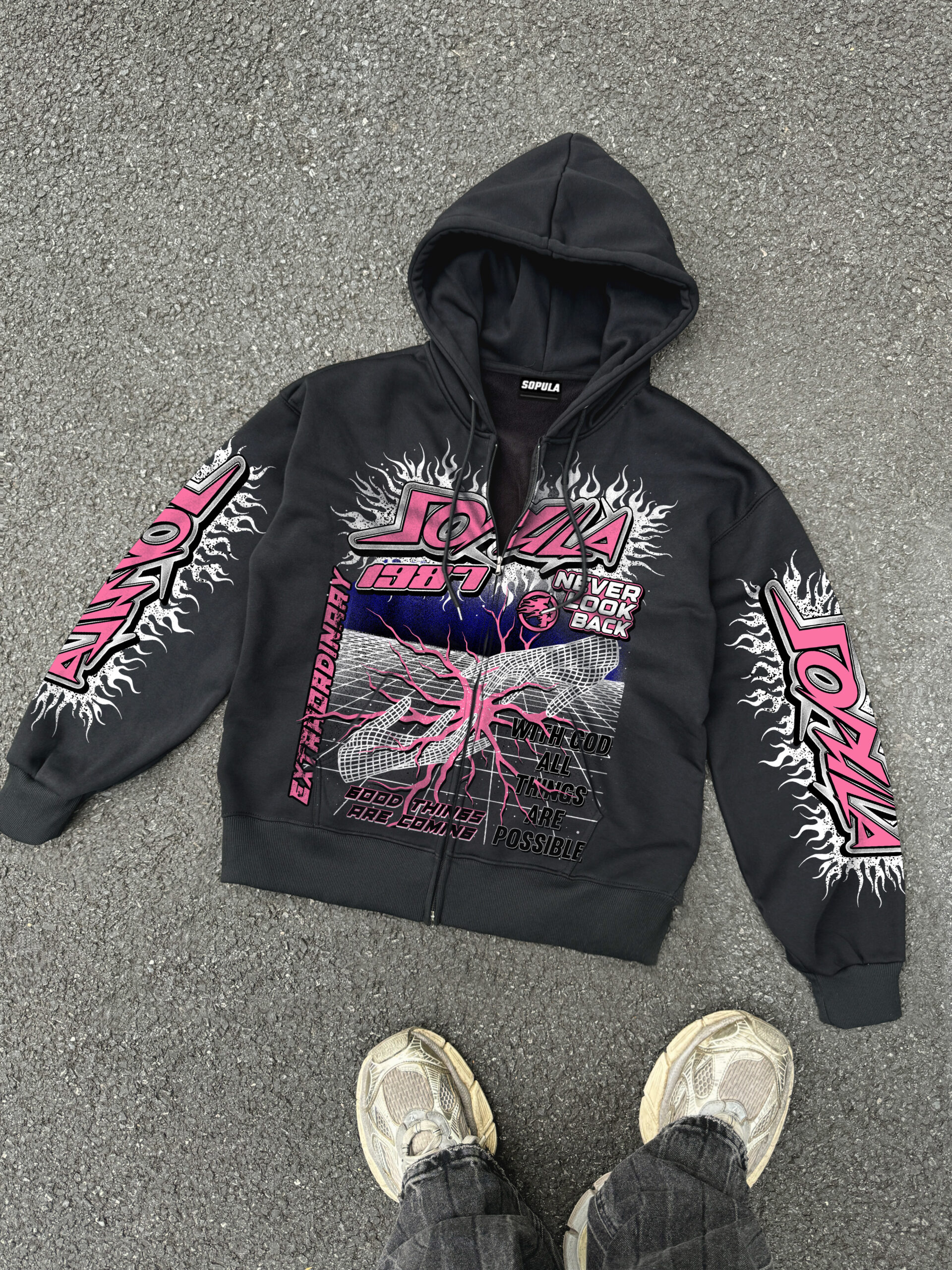 Hellfire Network Connection Vintage Graphic Zippered Hoodie - Polyester Short Sleeve Regular Length