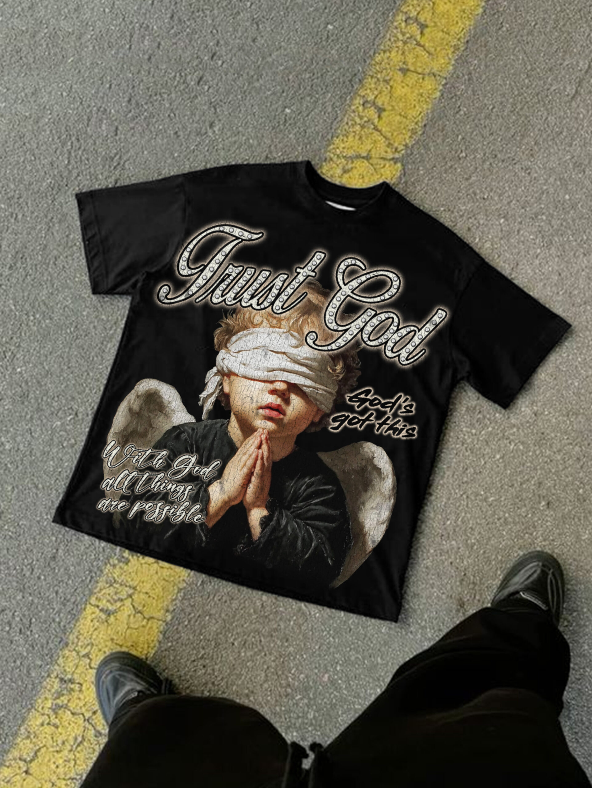 In God We Trust Blindfolded Angel Vintage Distressed Graphic Cotton T-Shirt V-Neck Short Sleeve