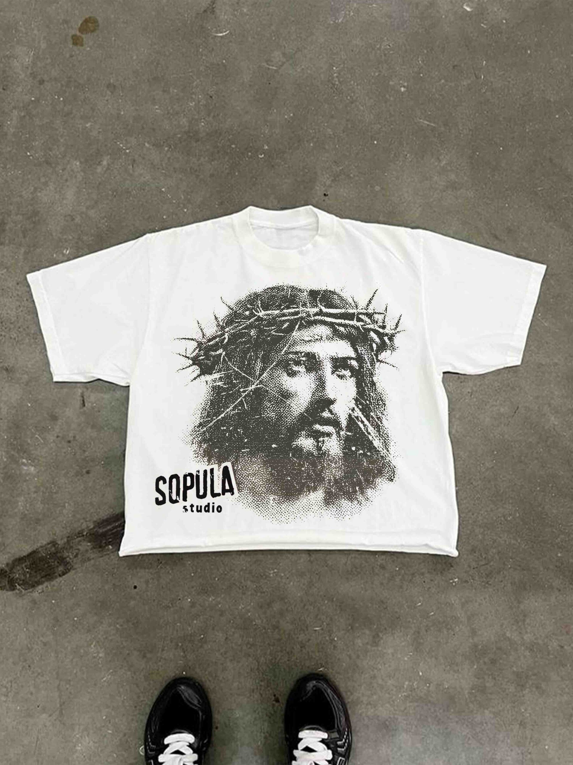 Jesus Crown of Thorns Print Cropped T-Shirt - Polyester V-Neck Short Sleeve Vintage