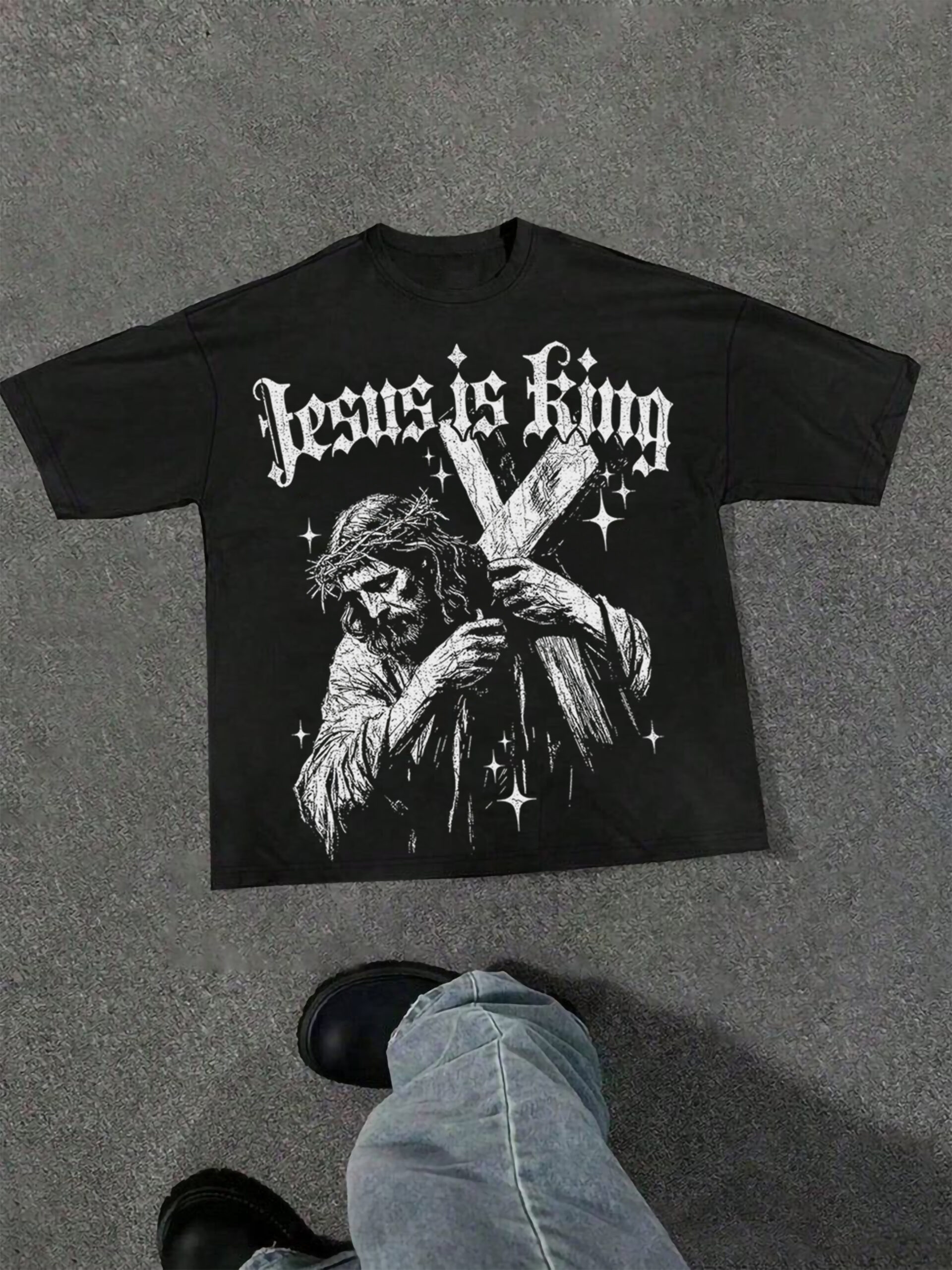 Jesus Is King Print Polyester V-Neck Short Sleeve T-Shirt Vintage Style