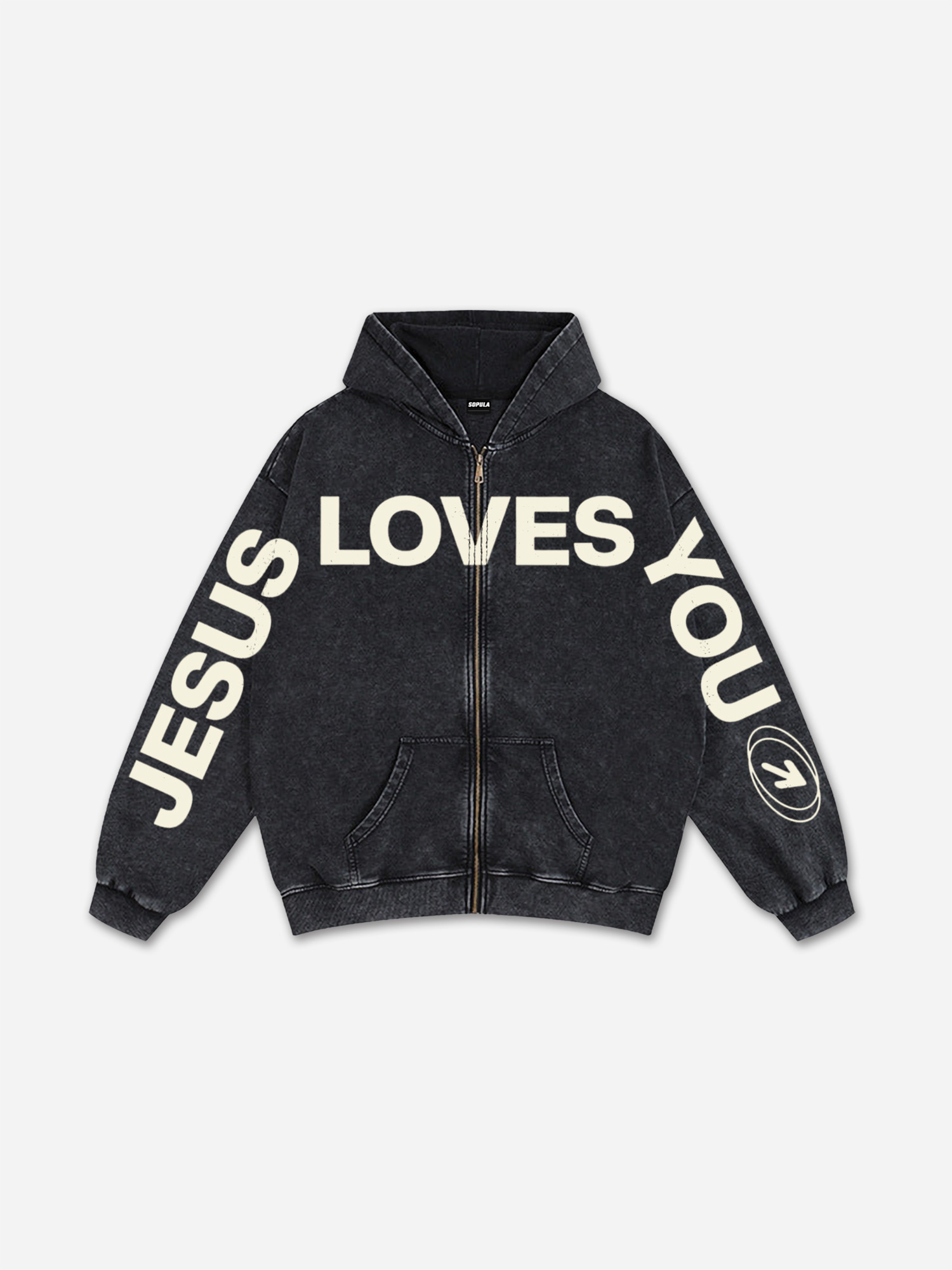 Jesus Loves You Acid Wash Zip Up Hoodie - Vintage Polyester Short Sleeve V-Neck