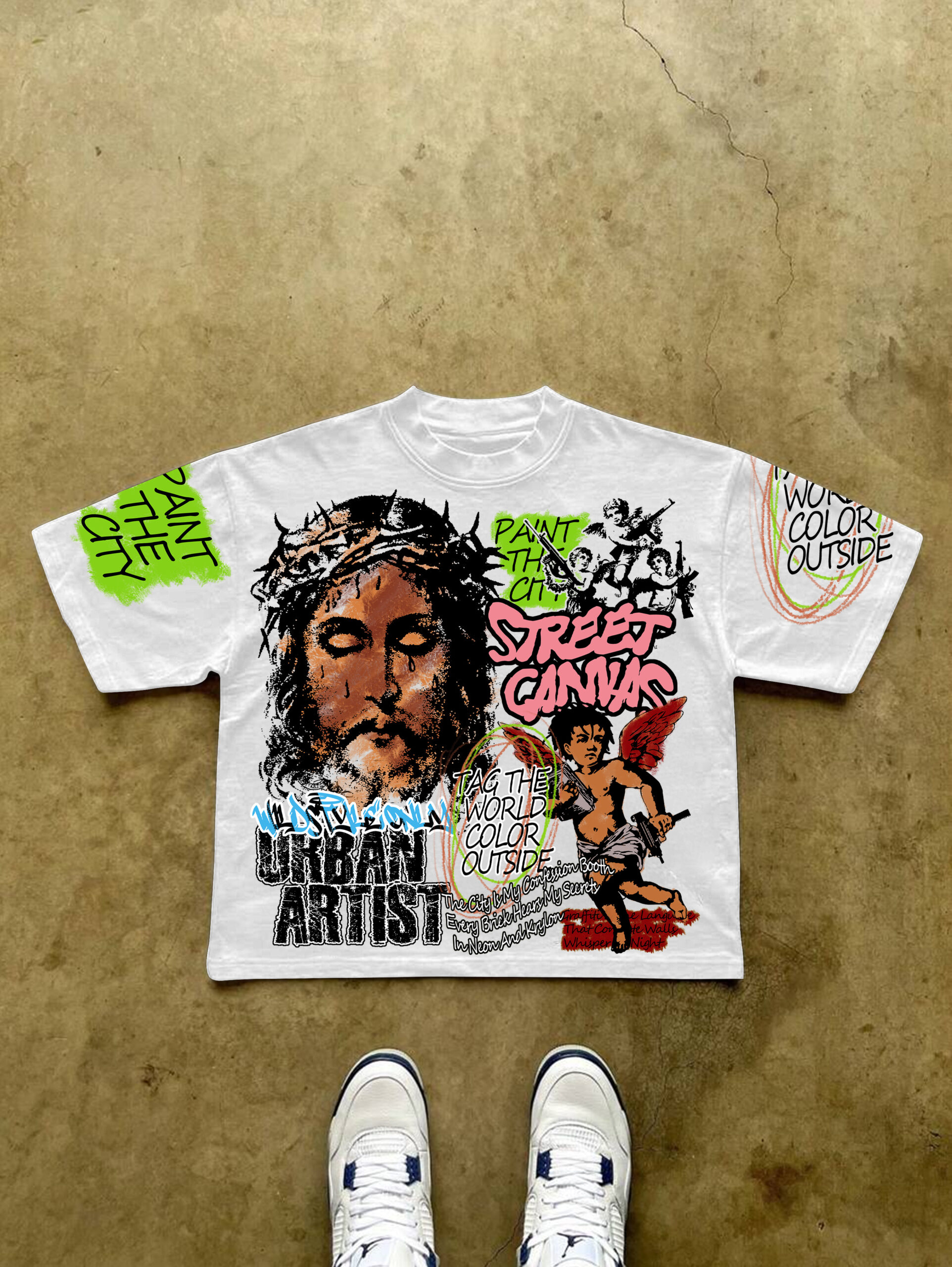 Jesus Religious Graffiti Graphic Cropped V-Neck T-Shirt - Polyester Short Sleeve